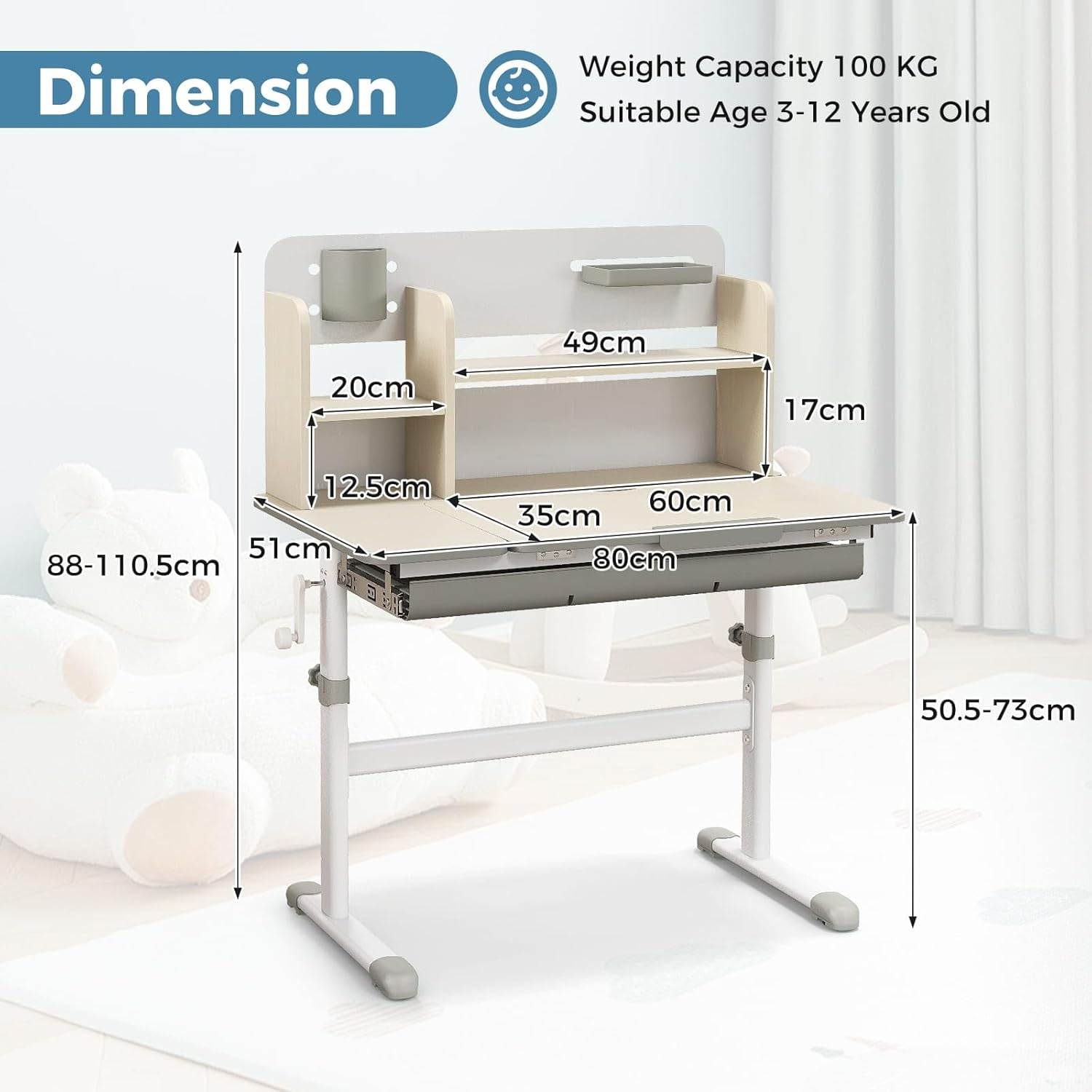HONEY JOY Kids Study Desk, Height Adjustable Children Writing Table W/Tilt Desktop, Home School Student Learning Desk W/Hutch, Storage Drawer, Tray, Pen Holder & Scale Ruler for 3-12 Years, Grey image number 2
