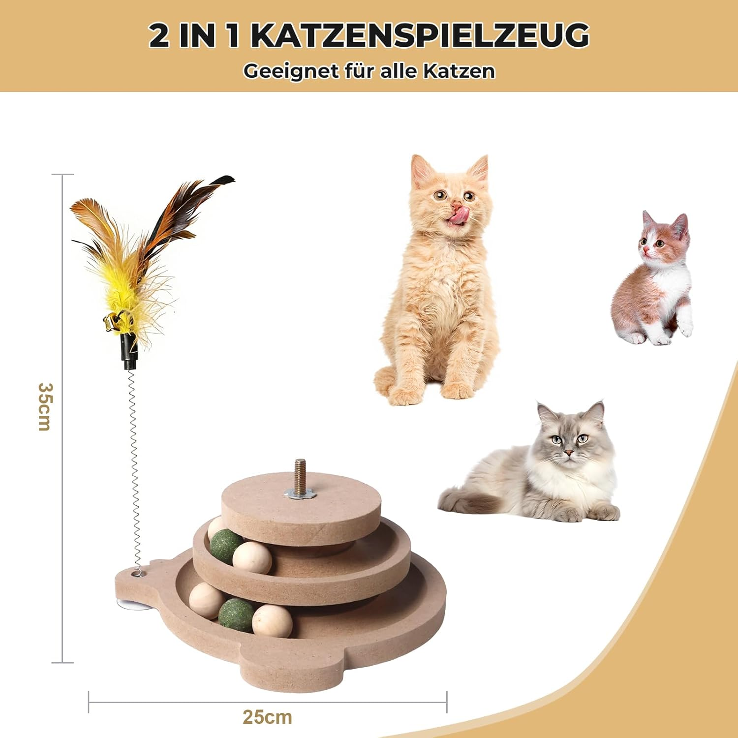 Vefhby 2 in 1 Cat Toy Self-Employment, Feather Toy with Cat Balls, Interactive Cat Toy with Spring, Cat Toy Intelligence Solid Wood image number 4