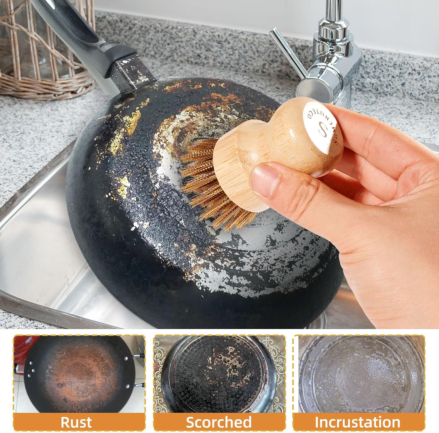 SAMBUTECO Cast Iron Cleaner Scrubber with Copper Bristle Natural Bamboo Handle Heavy Duty Pot Brush for Cast Iron Pans, Cast Iron Skillets Dutch Ovens Pots BBQ Grill Rust Removal and Cleaning image number 1