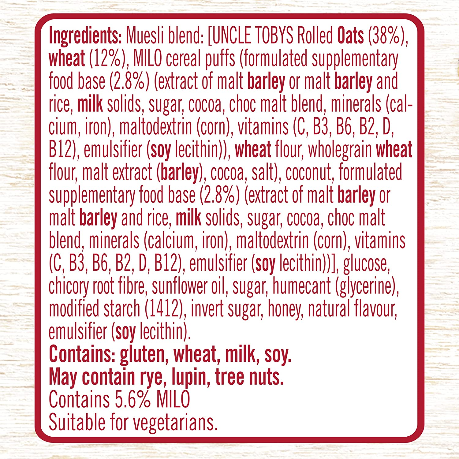 UNCLE TOBYS Chewy MILO Muesli Bar 10X6 Pack