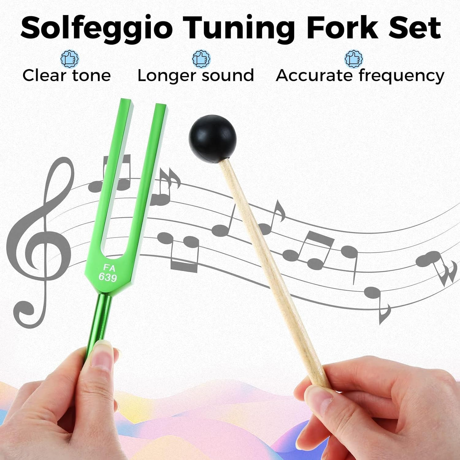 Solfeggio Tuning Fork Set for Healing, Vibration, Sound Therapy, 9 PCS Color Tuning Forks for with 2 PCS Silicone Hammers, Storage Bag(174Hz, 285Hz, 396Hz, 417Hz, 528Hz, 639Hz, 741Hz, 852Hz, 963Hz) image number 6