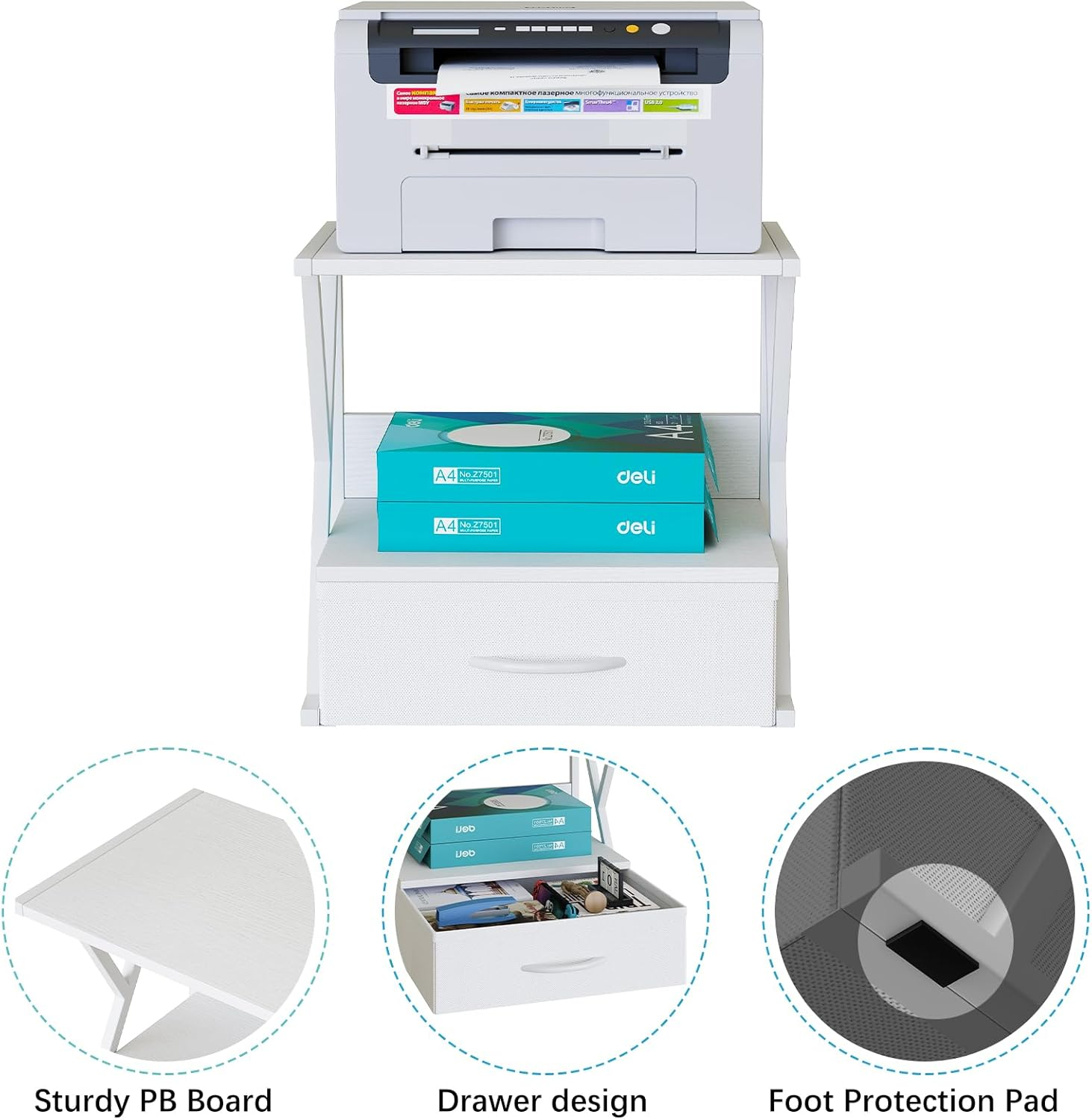 Aboxoo Printer Stand for Desk with Storage Drawer, 2 Tier Desktop or under Desk Shelf, Multi-Purpose Desk Organizer for Home Office, Fit Fax Machine/3D Printer/Scanner, White image number 5