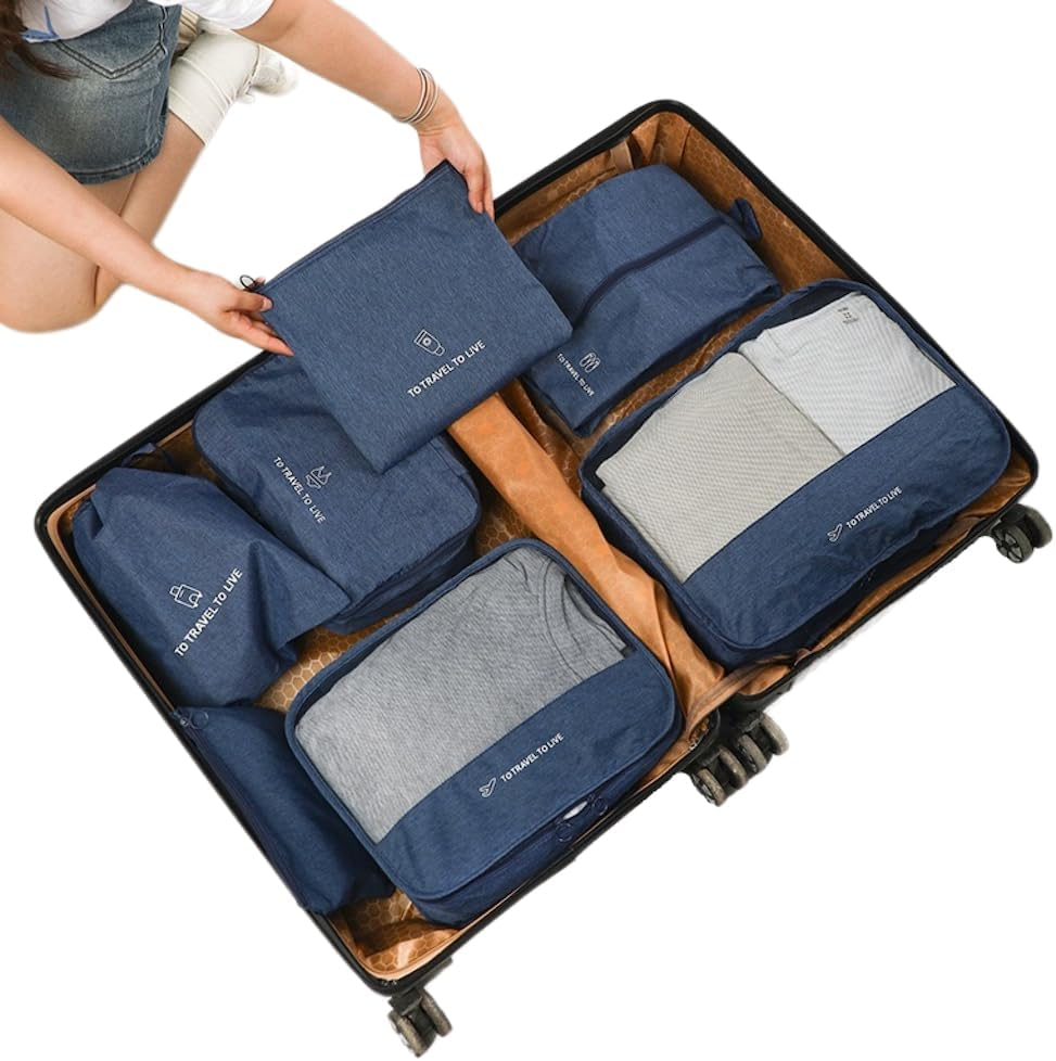 OEIPSMK 7 Set Packing Cubes for Suitcases, Lightweight Travel Bags Organizers for Carry On, Luggage Packing Organizer Bags for Travel Essentials Travel Accessories (Beige), Navy