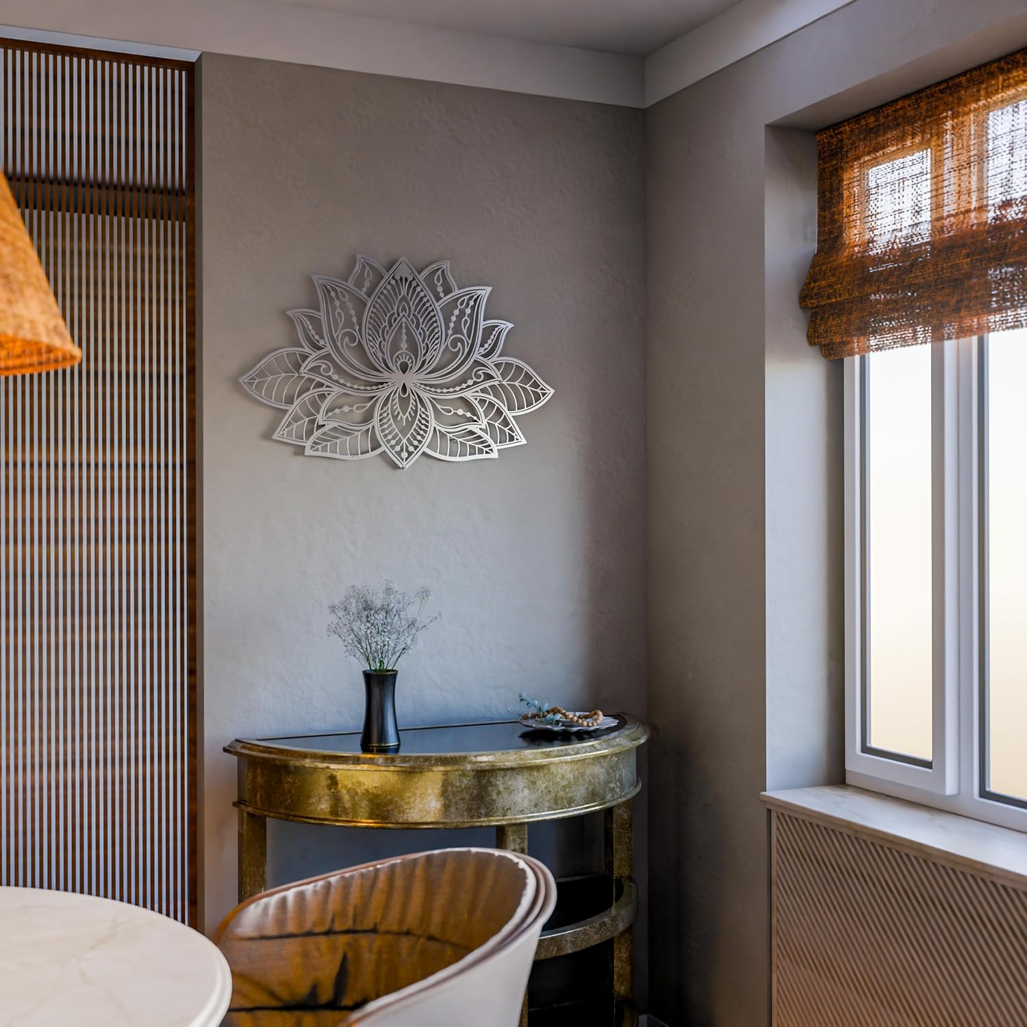 Iwa Concept Mandala Metal Wall Decor, Lotus Flower Meditation Room Decor, Minimalist Zen Garden Bohemian New Year (26.3" X 17" | 67 X 43 Cm, Silver) image number 5