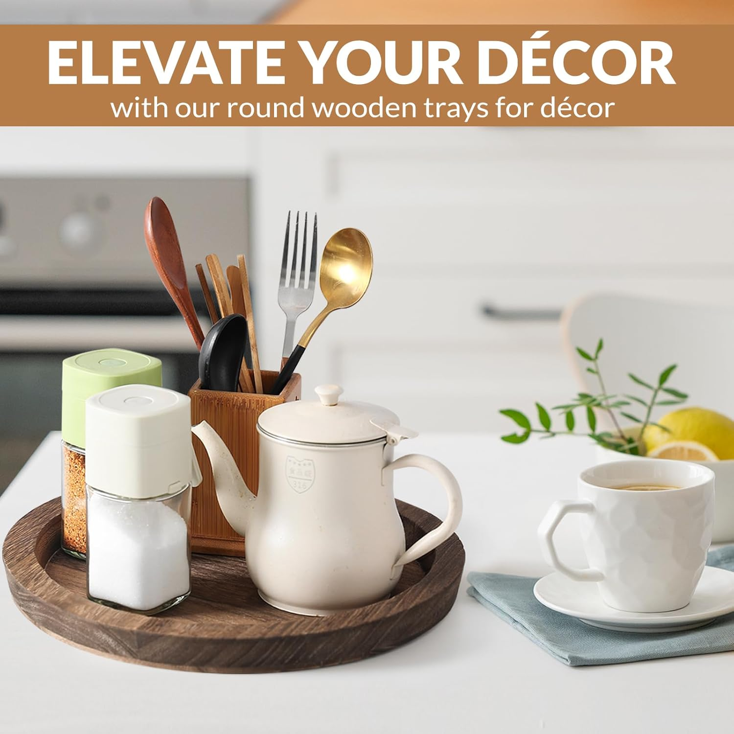 MOOKOMI Set of 2 Rustic round Wooden Tray - Bathroom Tray Countertop, Candle Tray, Table Centerpieces, and round Tray for Home D&eacute;cor (11.2")