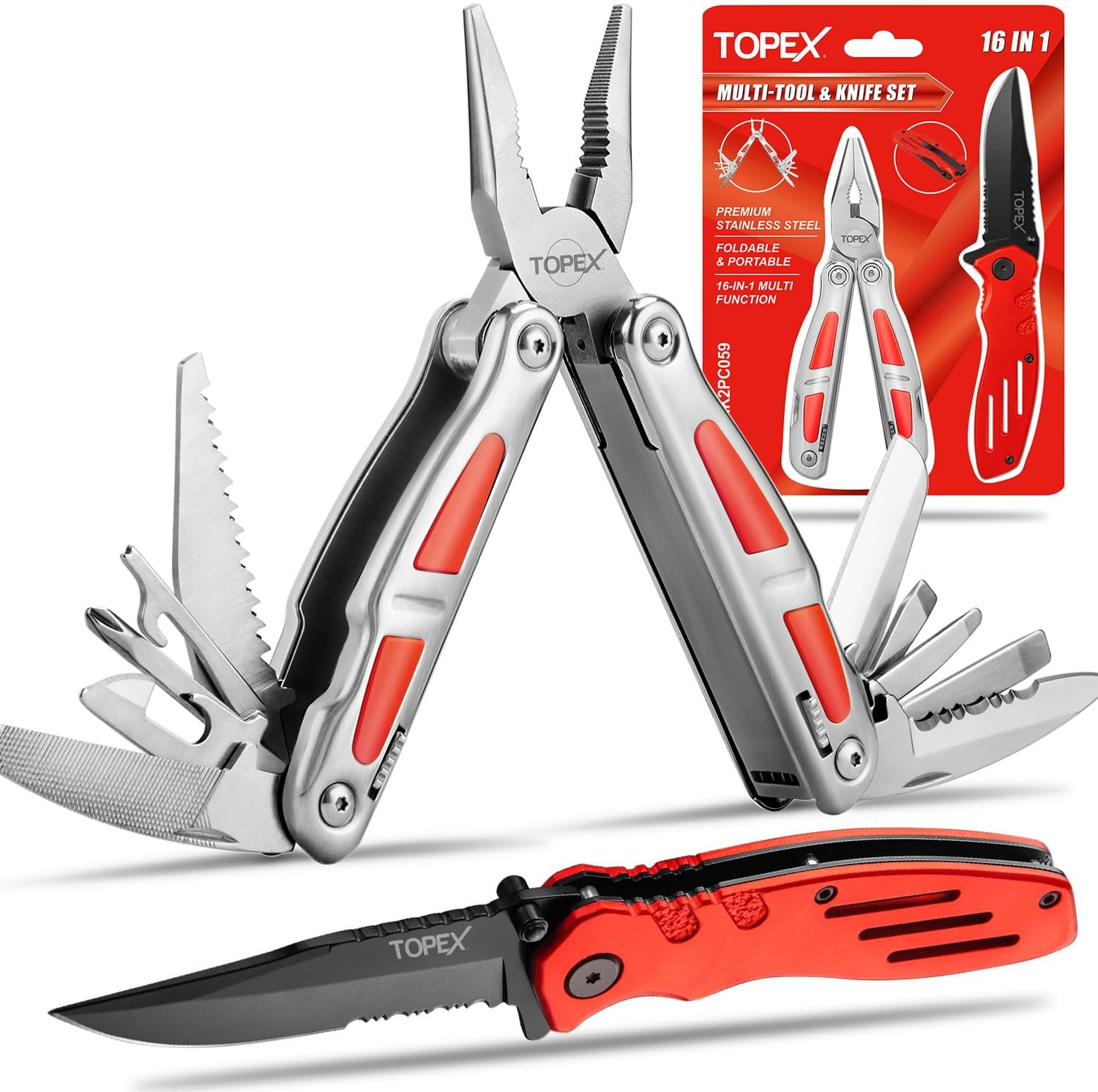 TOPEX 16-In-1 Multitool Pliers & Knife Set Professional Stainless Steel Multi-Function Tool with Safety Locking Folding Knife Pocket Knife for Camping Hiking Survival Fishing image number 4