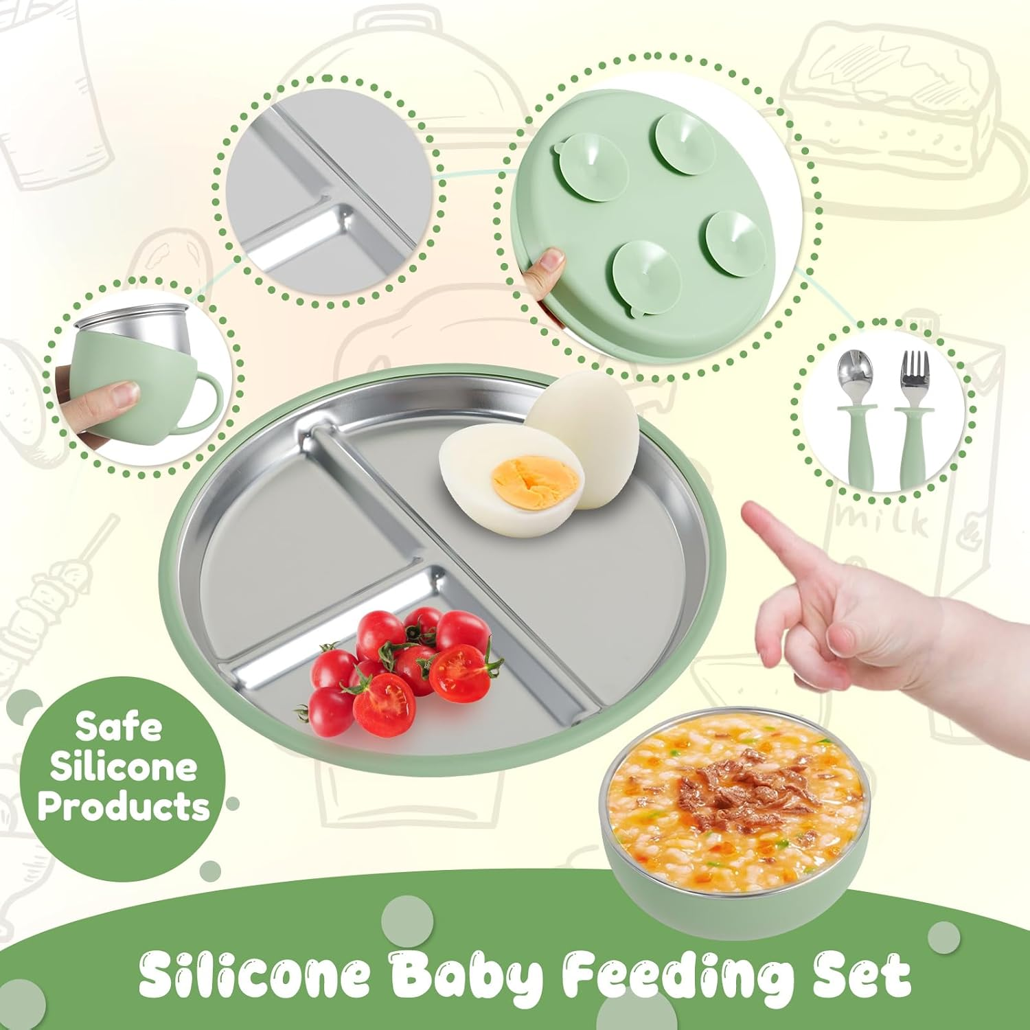 Awobepl 6Pcs Stainless Steel Suction Plate Firm Adhesion Utensils with 4 Silicone Suction Cup anti Drop for Children (Light Green) - Light Green image number 3