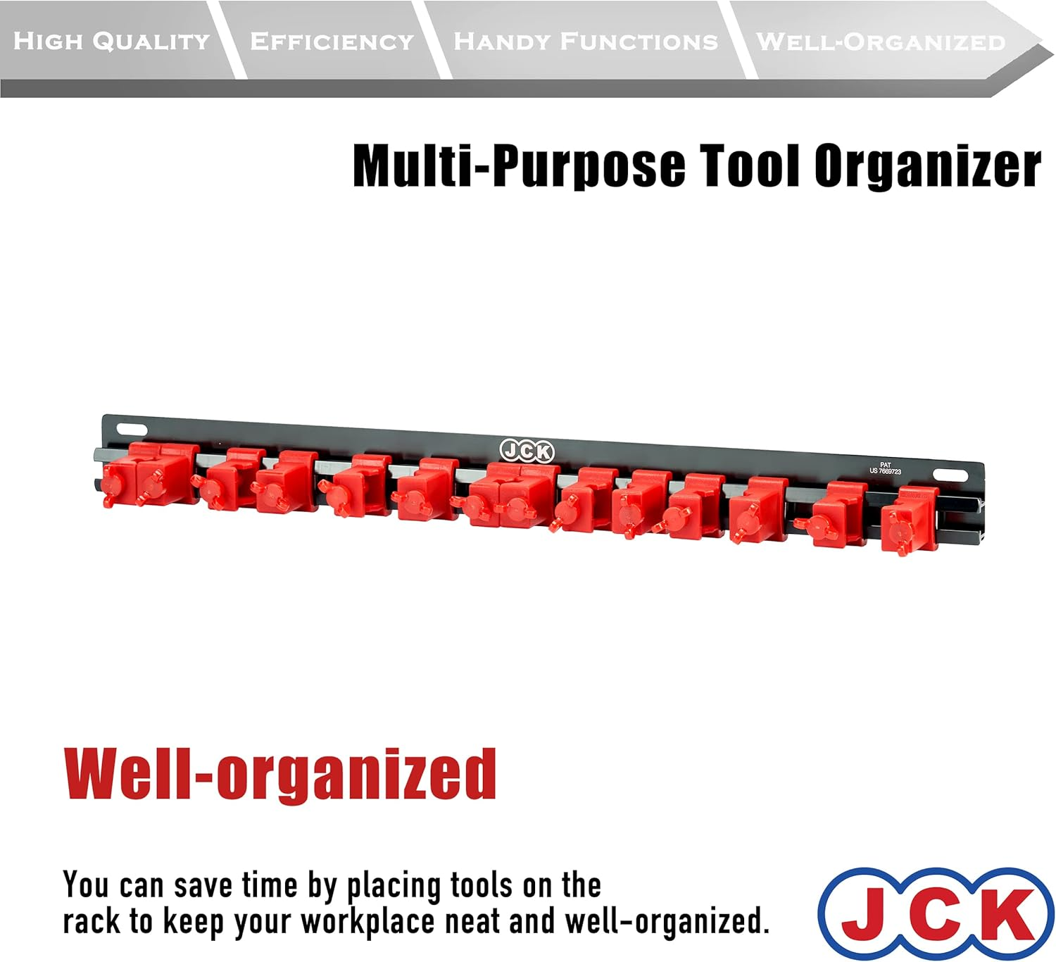 JCK Professional Quality Aluminum Multi-Purpose Tool Organizer Red Clips & Black Aluminum Rack Organize Various Tools, Such as Screwdrivers, Hammer, Rachets with Moveable Screw-Locking Secure Clips image number 1