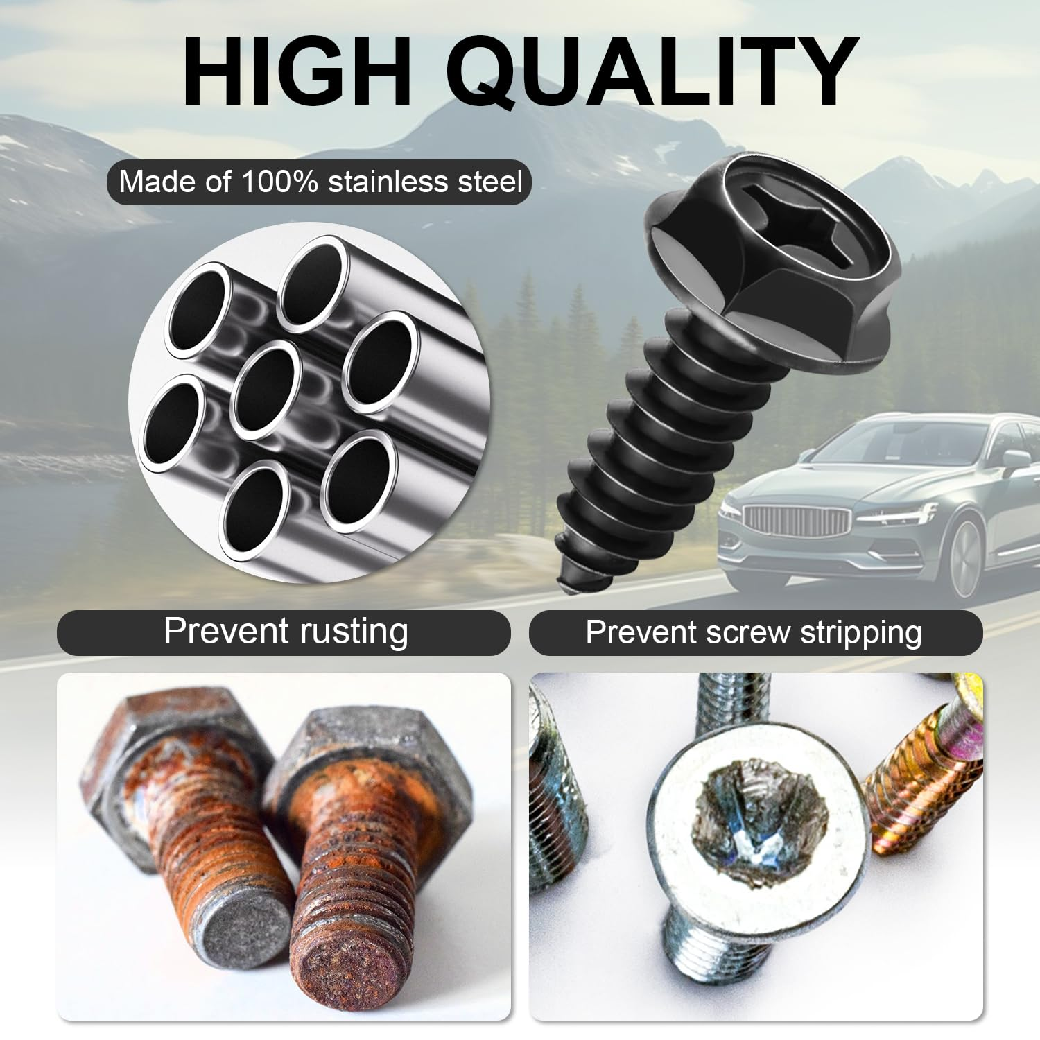 Livtee Rustproof License Plate Screws for Securing License Plates Frames and Covers on Cars and Trucks, 4 Sets Premium Stainless Steel Self Tapping Mounting Bolts (Black Zinc Plated) image number 2