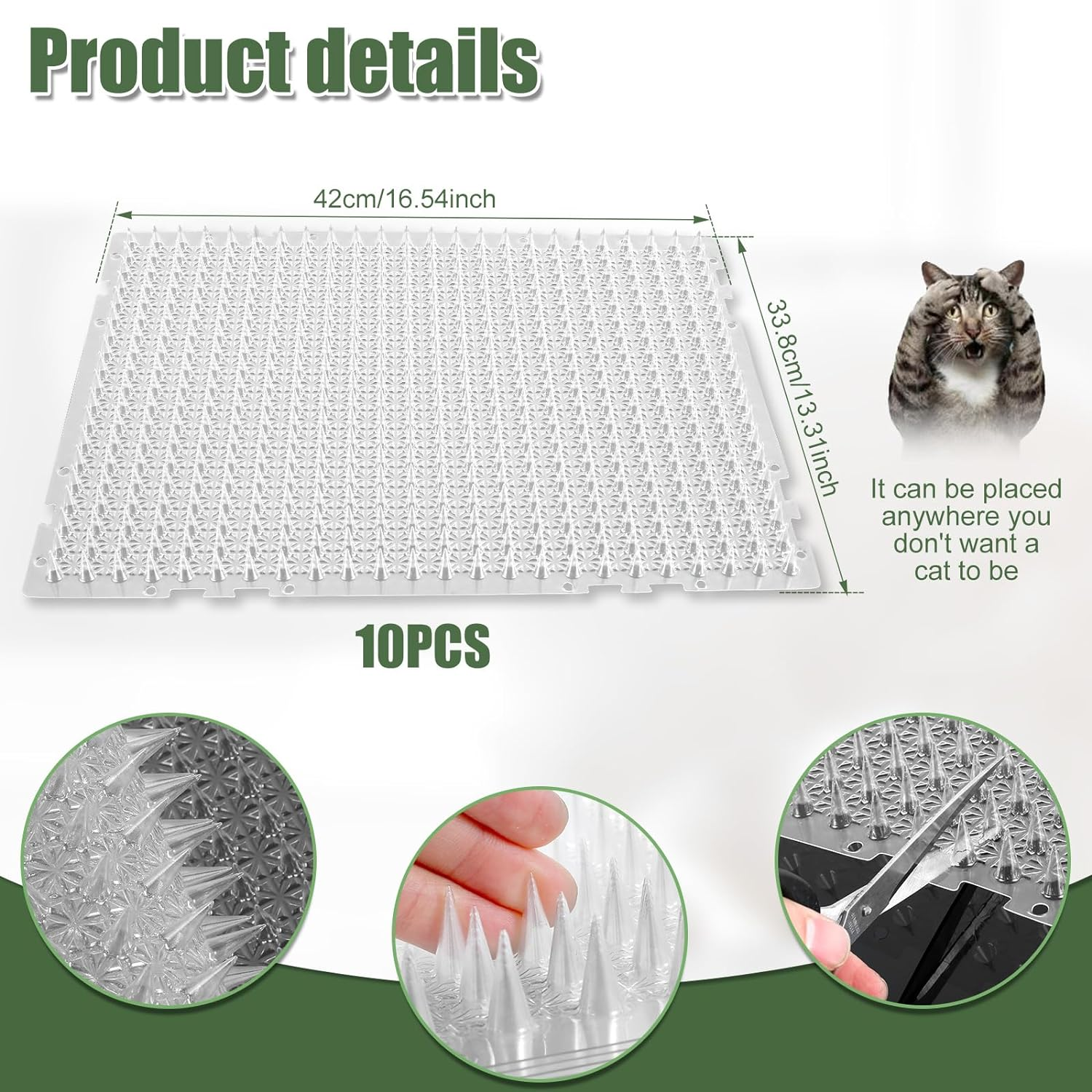 10Pcs Pet Repellent Mat-Anti Cat Mat-Cat Scat Mat with Spikes-Indoor Cat Scat Mat-Spike Mats-Outdoor Cat Scat Mat-Clear Scat Mat Cat Spike Mat Cuttable Scat Mat for Sofa Door Balcony Patio 13&times;16 Inch