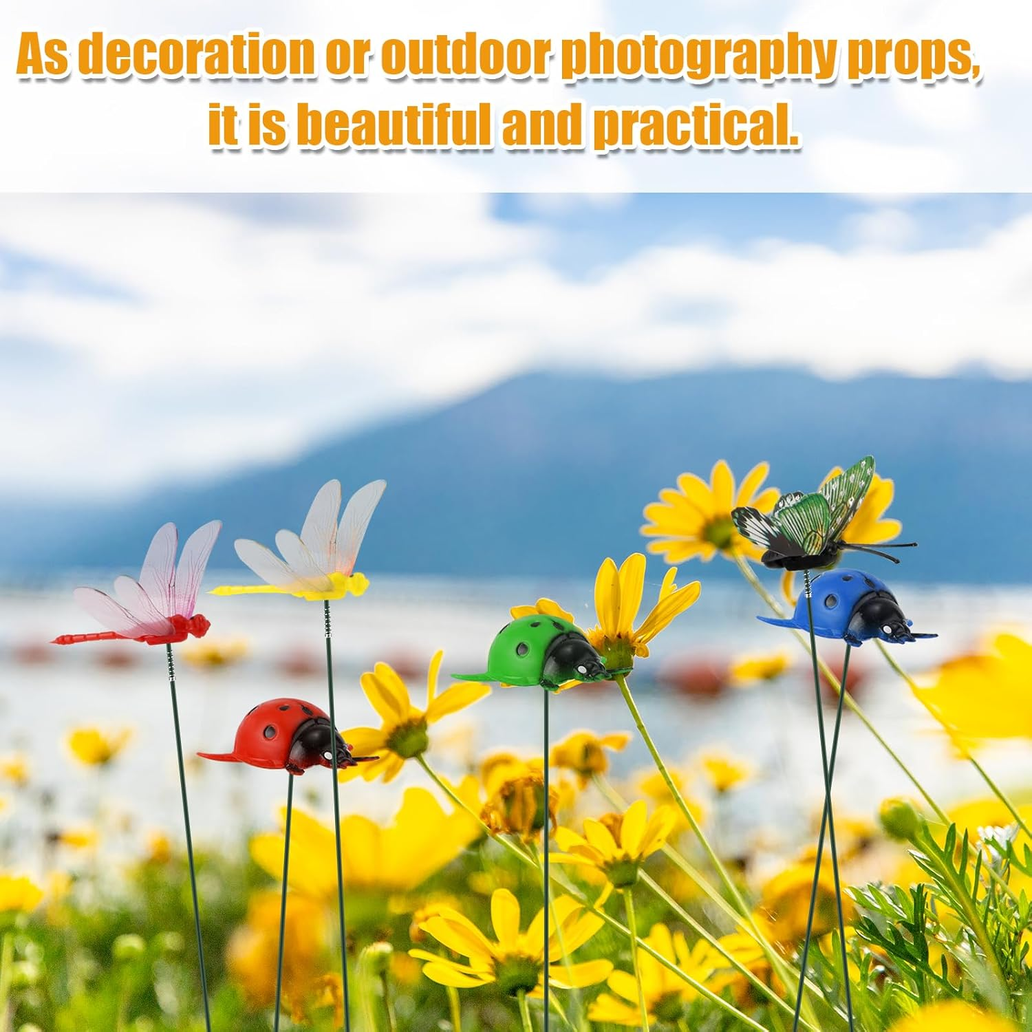 12Pcs Decorative Garden Stakes, 3D Artificial Dragonfly Garden Decor Realistic Ladybug Butterfly Ornaments for Outdoor Patio Yard Plant Flower Pot Decoration (No Clips) image number 1