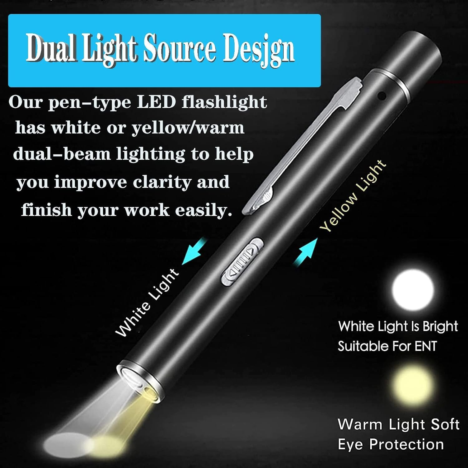 YUENTOEN Pen Light, USB Rechargeable LED Flashlight with Pupil Gauge Stainless Steel Clip Dual Light Source for Home and Outdoor(Silver+Black)