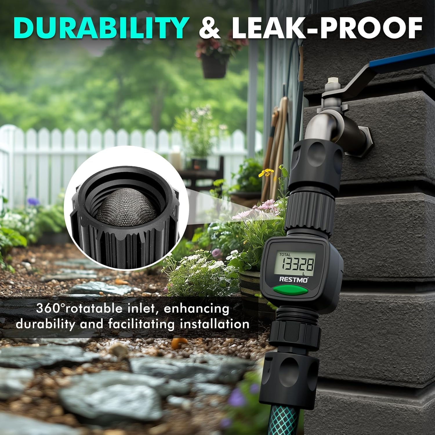 RESTMO Water Flow Meter, High Measure Accuracy, Measure Gallon/Liter Consumption and Flow Rate for Garden Hose Watering, RV Water Tank Filling, Lawn Sprinkler, Irrigation System image number 5