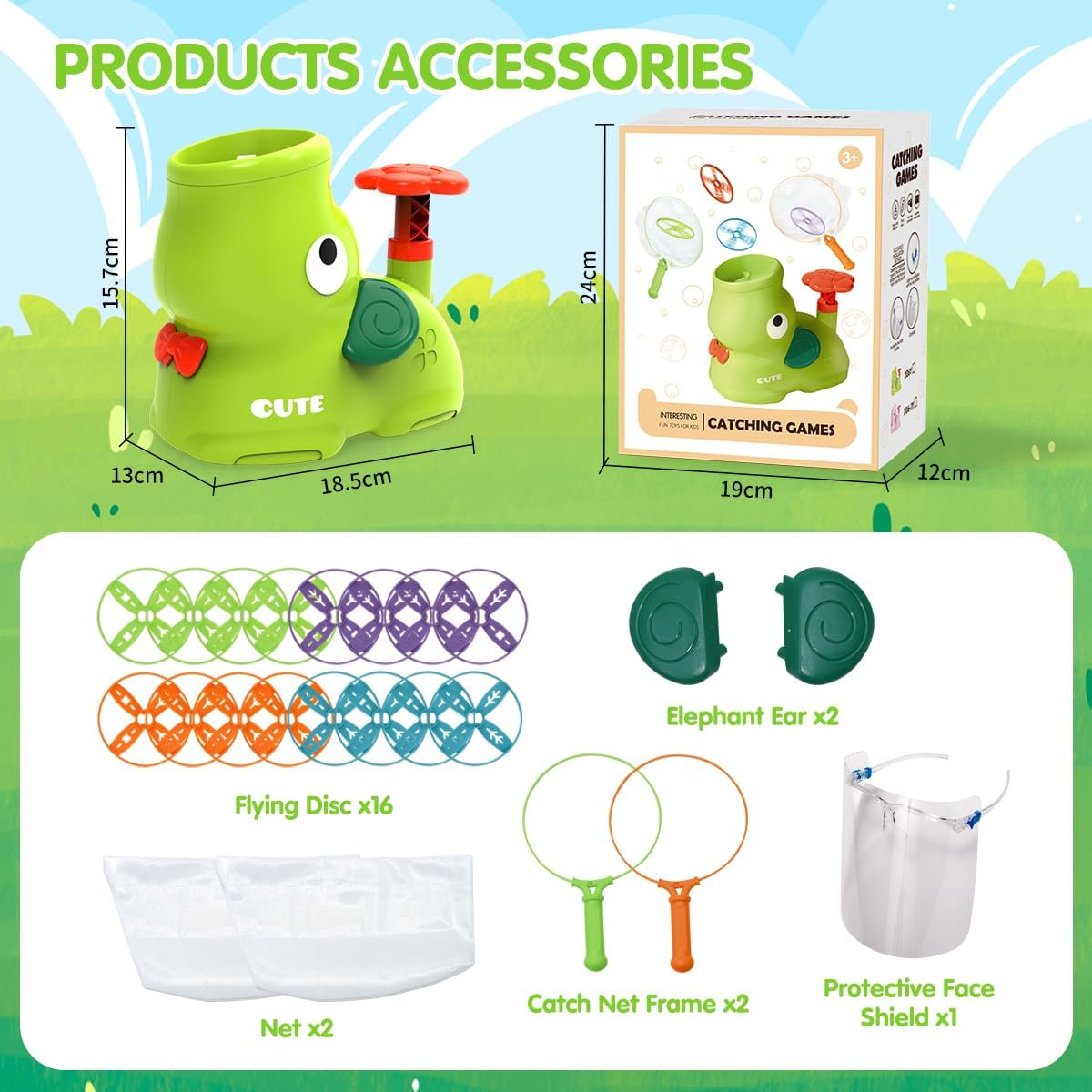 YOLOMOON Kids Outdoor Toys for 3 4 5 6 7 8 Years Old Boys, Stomp Flying Discs Launcher Toys Catch Games, outside Toy for Toddlers Age 3-5 6-8, Elephant Indoor Outdoor Play Summer Gifts (Green)