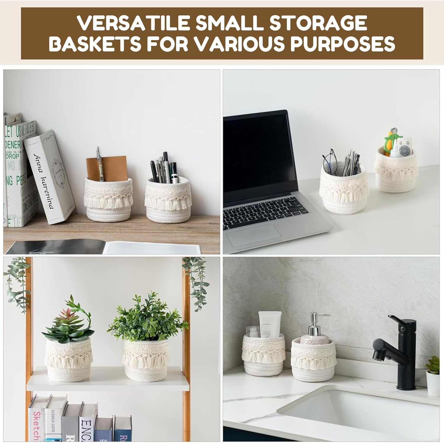 Macrame Makeup Brush Holder Organizer &ndash; Set of 2 Boho Decor Baskets for Pen, Pencil, and Makeup Brushes Storage, Ivory image number 4