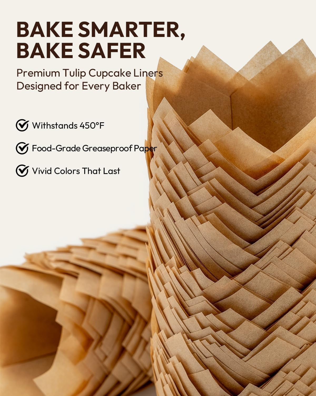 Ovendelite Tulip Cupcake Liners Natural 200PCS - Unbleached Parchment Muffin Liners, Non-Fade Oven-Safe, Brunch & Cafe Style Baking Cups - Natural image number 2