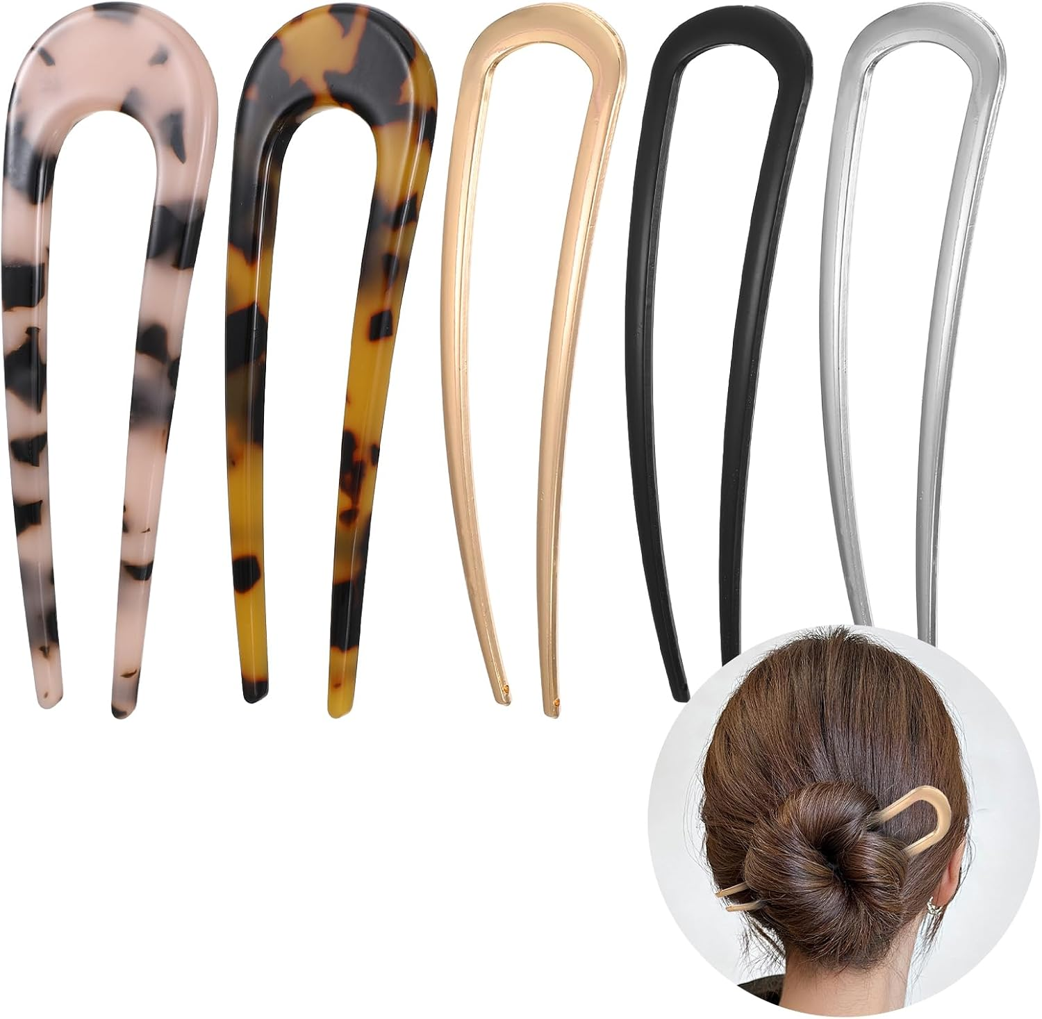 Pack of 5 French Hair Pins, U-Shaped French Hair Pins, French Twist Hairs Pin, Vintage French Hairs Pins, Hair Clips for Women Girls Hair Style (Gold, Silver, Black, Tortoiseshell) image number 3