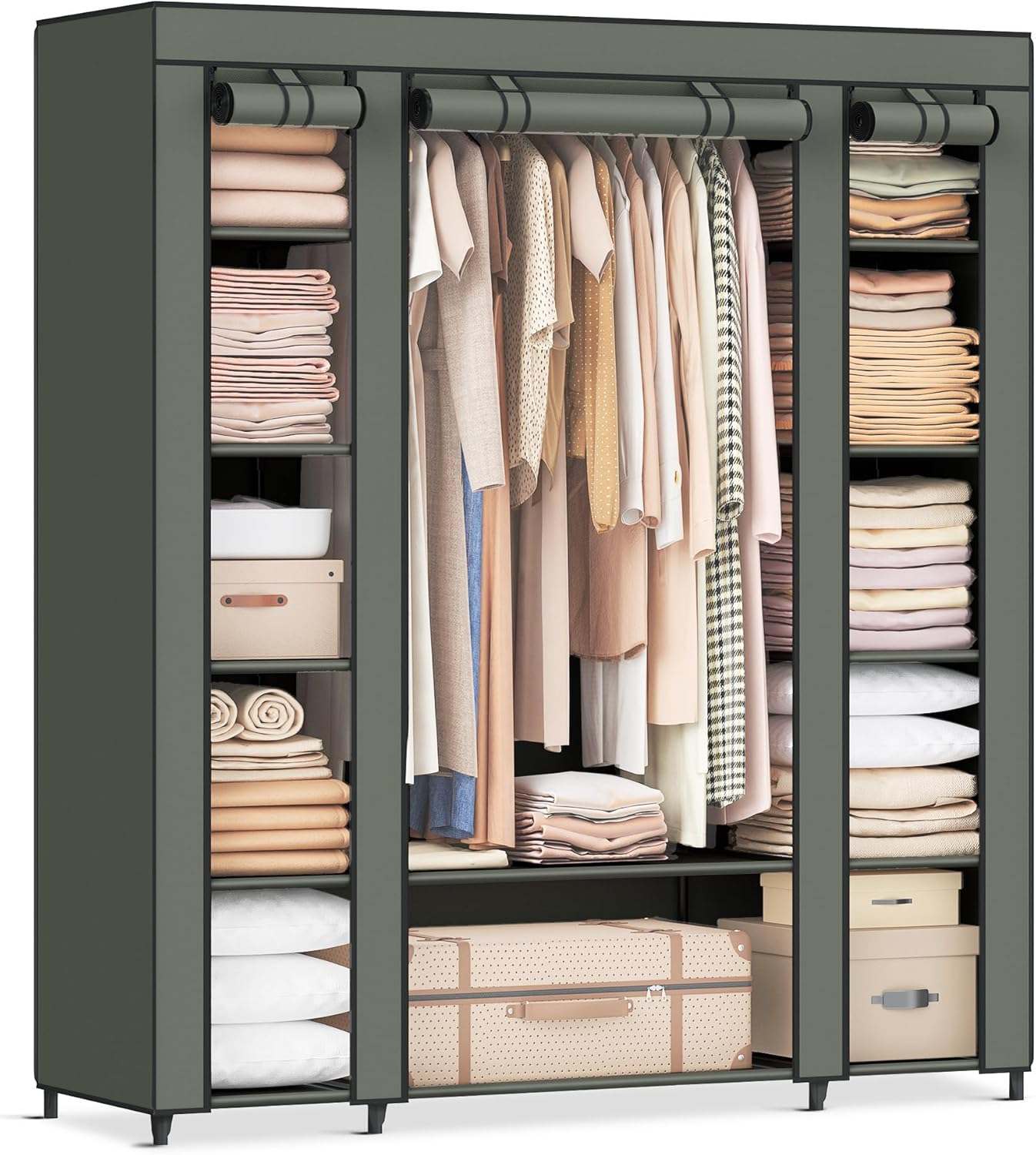 SONGMICS Closet Wardrobe, Portable Closet for Bedroom, Clothes Rail with Non-Woven Fabric Cover, Clothes Storage Organizer, 59 X 17.7 X 69 Inches, 12 Compartments, Sage Green ULSF003C02
