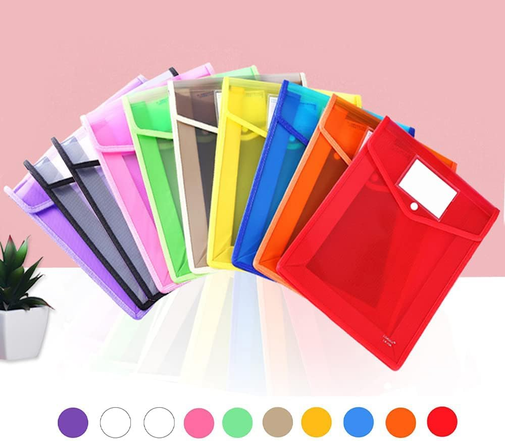 10 Pcs Plastic File Folder, Large-Capacity Poly Envelope Expanding File Wallet Document Folder A4 Accordion File Pouch with Label Pocket and Snap Button for School Home Work Office Organization image number 6