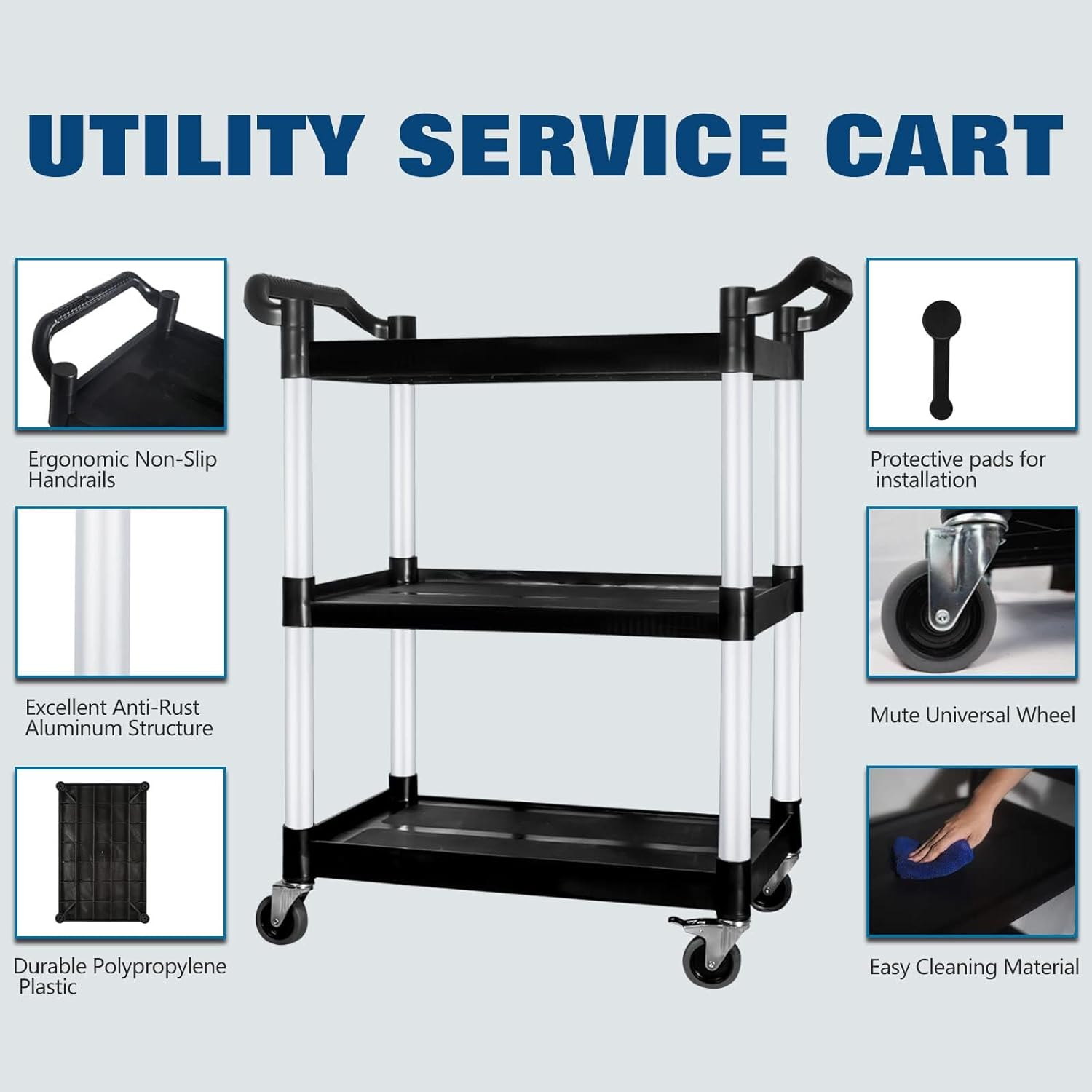 3 Tier Utility Service Catering Carts, Restaurant Kitchen Food Serving, with Wheels (2 with Brakes), Large Shelf Storage, Duty Heavy Cart Trolley for Bar、Salon、Warehouse、Office(Black image number 2