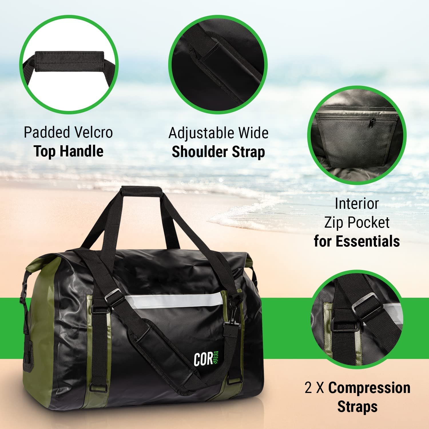 Waterproof Dry Duffel Bag - 100% Waterproof Rolltop Heavy-Duty Dry Duffle Bag for Boating, Rafting, Kayaking, Surf and Camping, 60L (Black and Green) image number 6