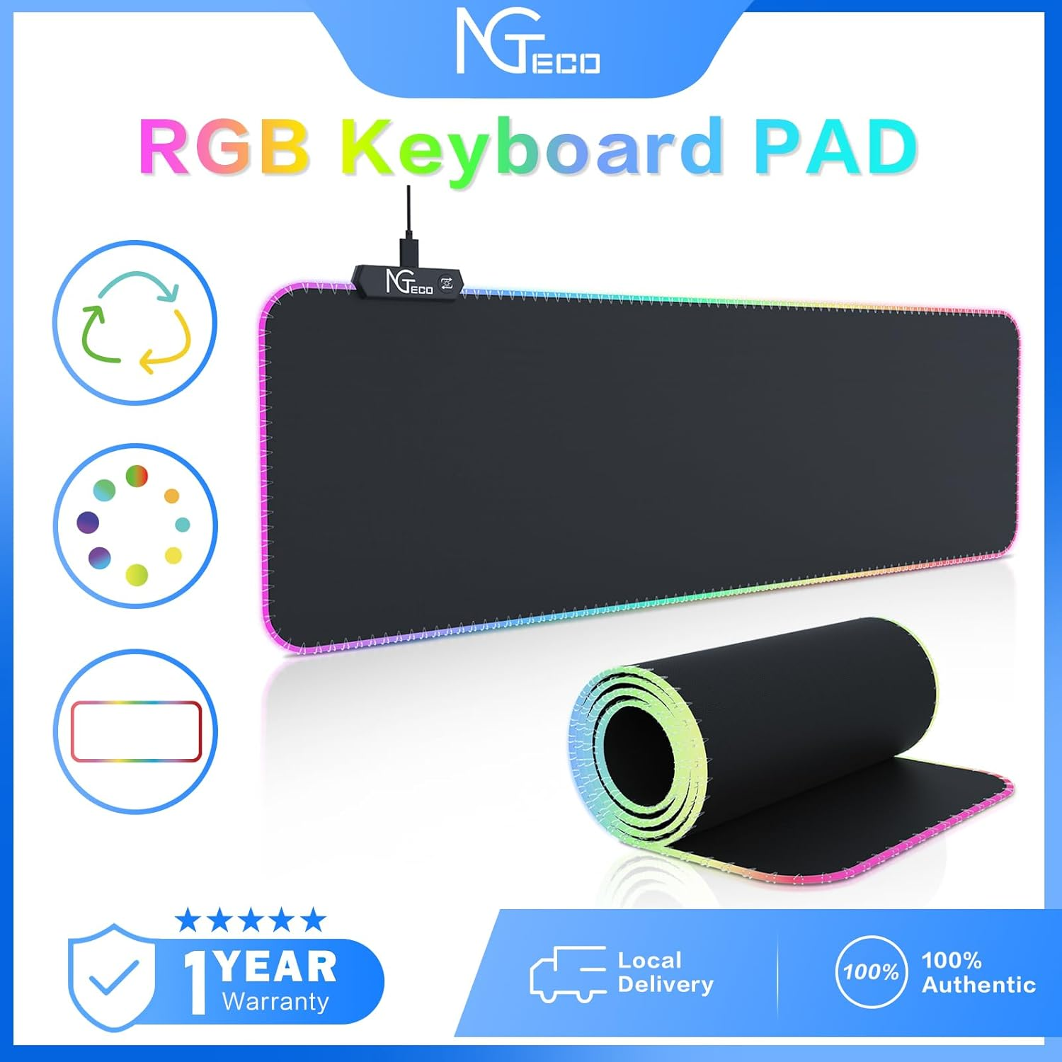 Ngteco Gaming Mouse Pad, Extra Large Desk Mat 90X40Cm with 14 Lighting Modes, Thickened 5Mm XXL Waterproof Non-Slip Rubber Gaming Mat for PC and Keyboard - Black image number 2