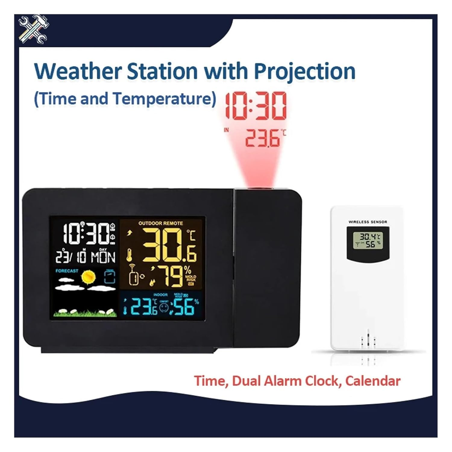 Digital Alarm Clock Weather Station EU Indoor Outdoor with Temperature Humidity Desk with Time Projection image number 1