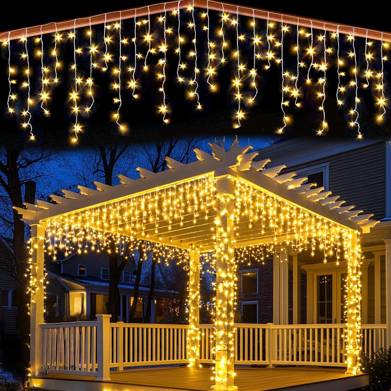 Solar Warm Icicle Lights, 35.1Ft 360 LED Curtain String Lights with Timer Dimmable,8 Modes Waterproof Fairy Lights for outside Holiday, Patio, Balcony, Window, House Eaves Decorations
