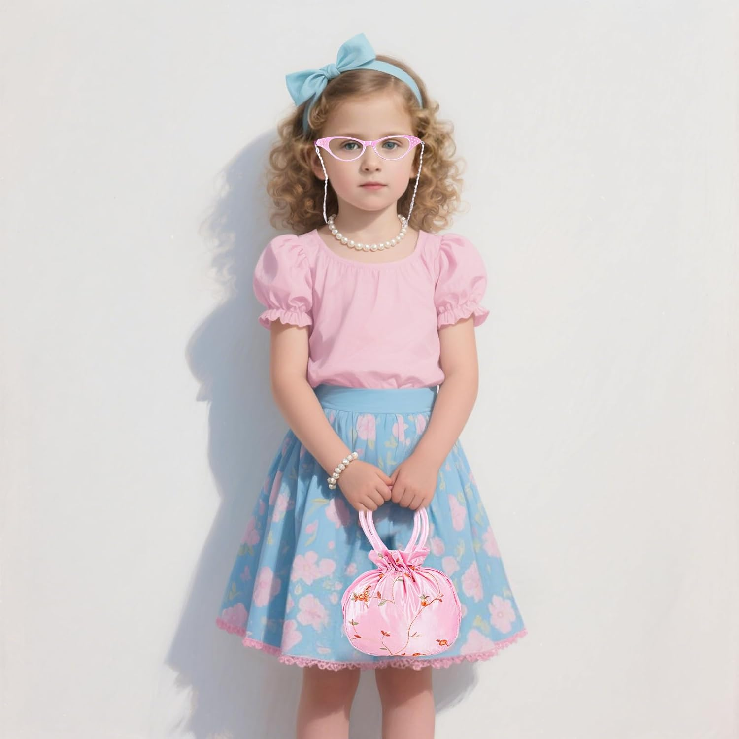 5 Pcs Old Lady Costume Set Grandma Granny Glasses Eyeglasses Chain Pearl Necklace Bracelet image number 3