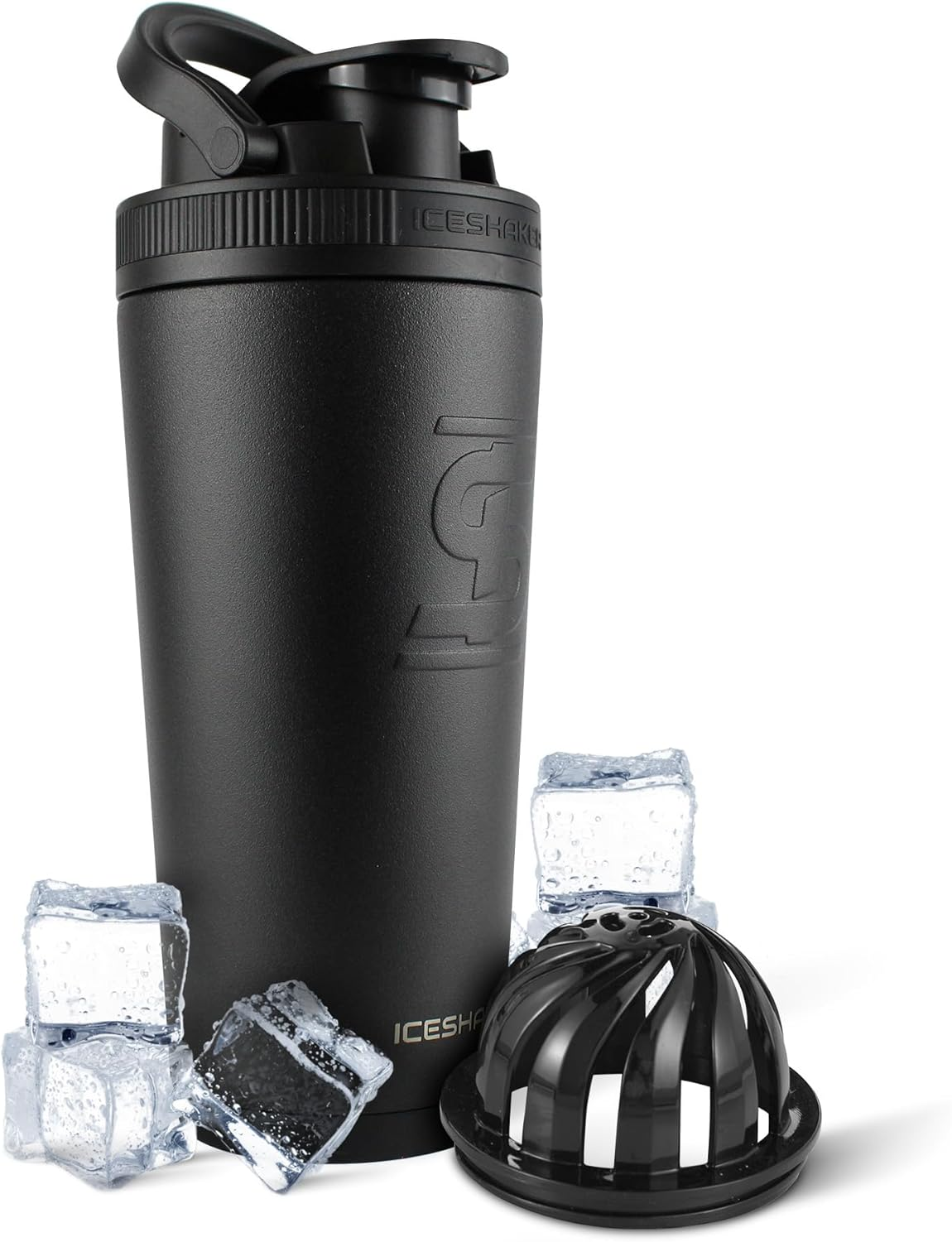 Ice Shaker Stainless Steel Insulated Water Bottle Protein Mixing Cup (As Seen on Shark Tank) 26 Oz (Black)