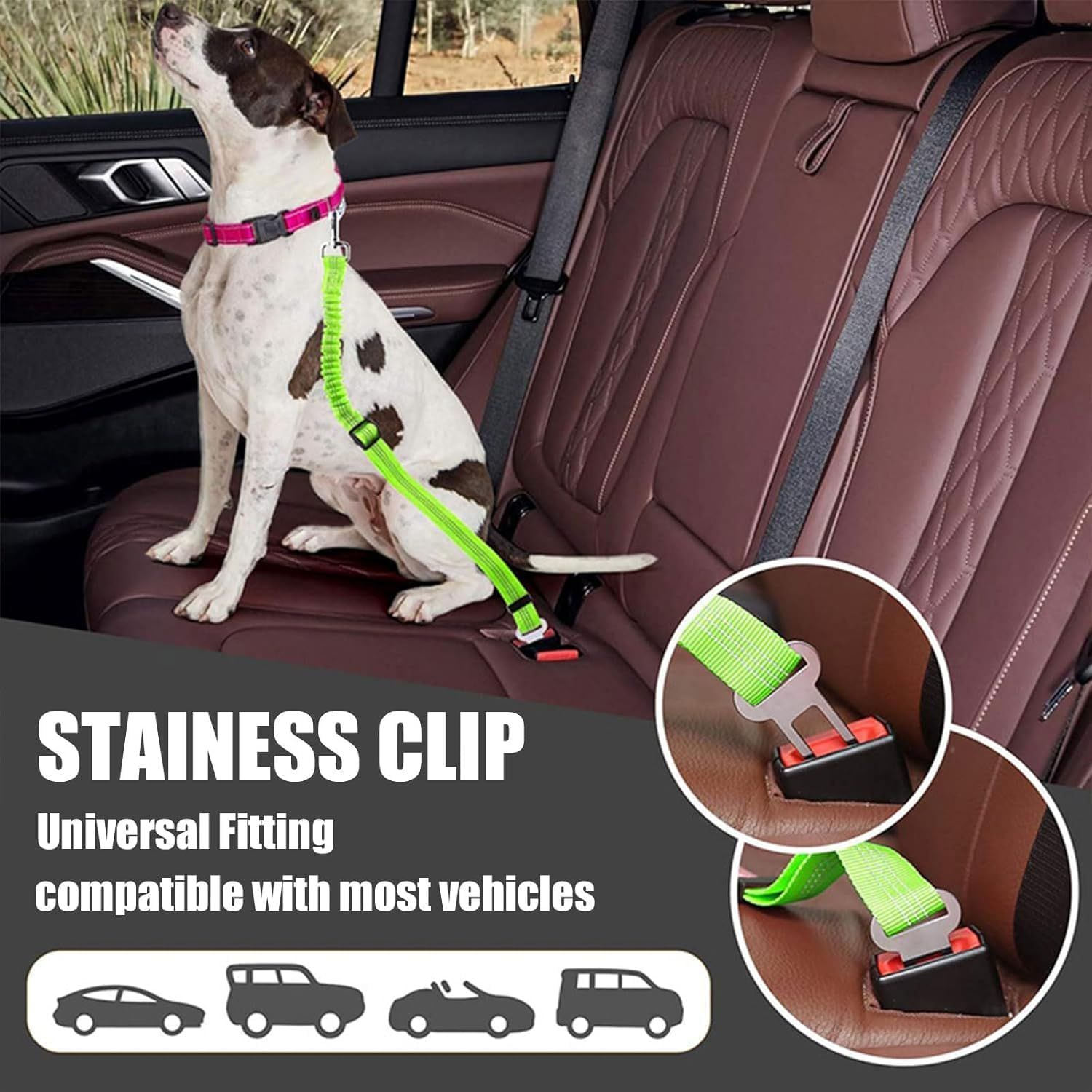 Green Adjustable Dog Car Seat Belt - Stretchable Bungee Safety Harness with Clip Buckle for Pet Travel in Truck & Vehicle