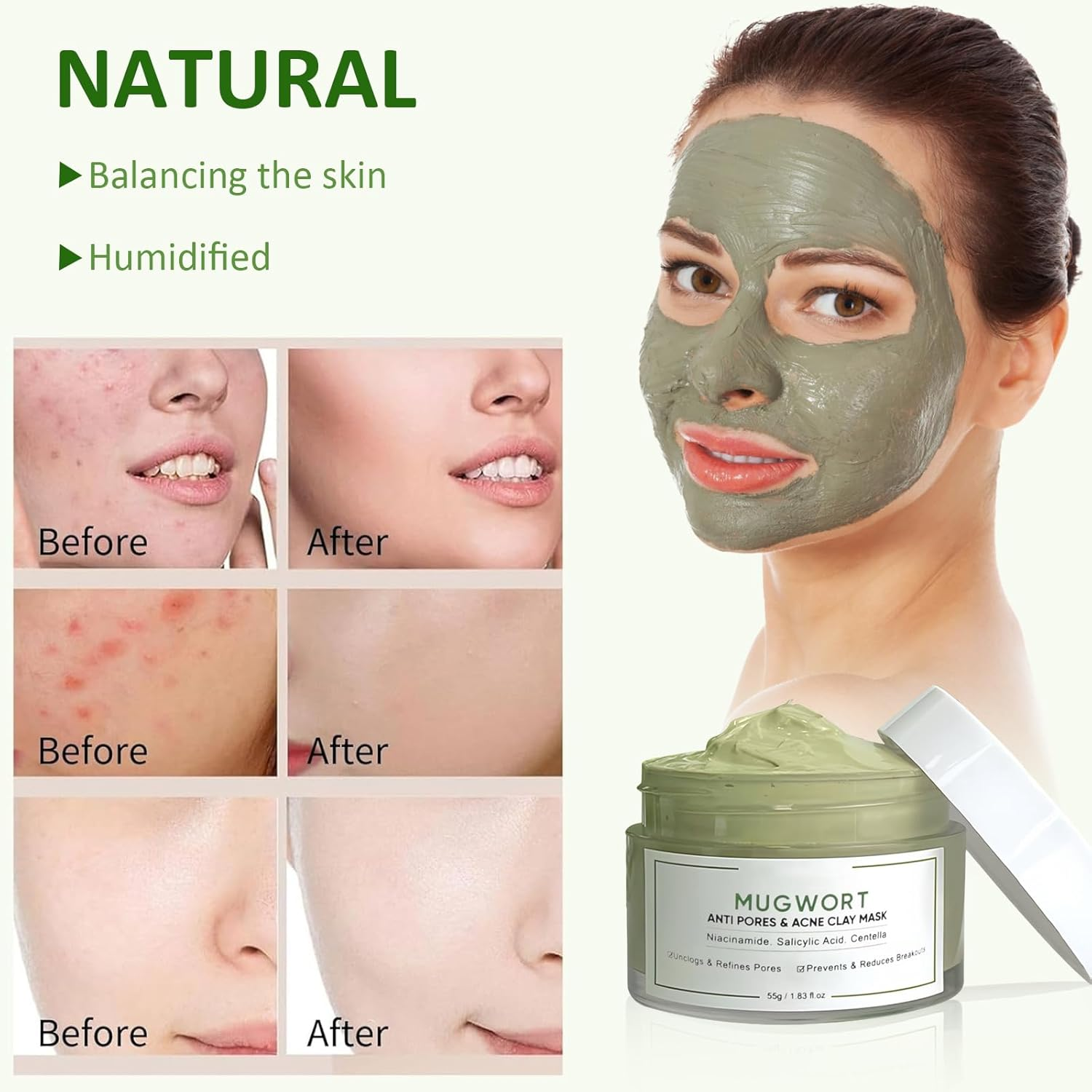 Clay Facial Mask, Green Tea Mud Mask, Beauty Face Clay Masks Skin Care, Clay Mask Skincare, Face Masks Skincare Clay Mask, Green Tea Clay Mask for Women and Men for Deep Cleansing image number 6
