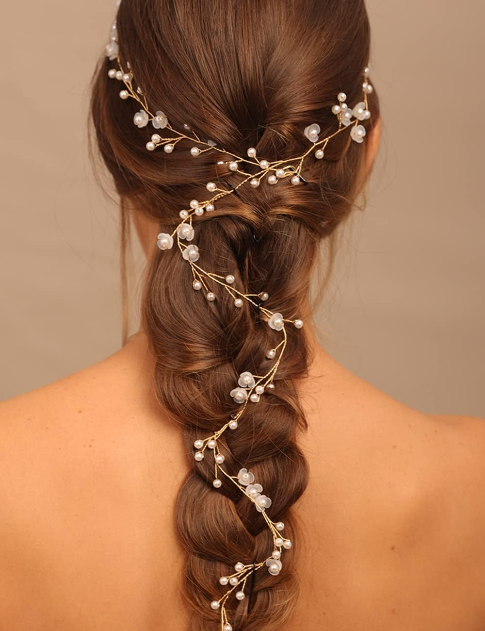 Teyglen Wedding Hair Vine Bridal Long Headband Flower Pearl Beads Long Hair Vine Gold Silver Hair Pieces Hair Jewelry Hair Accessories for Women Girl (Gold)