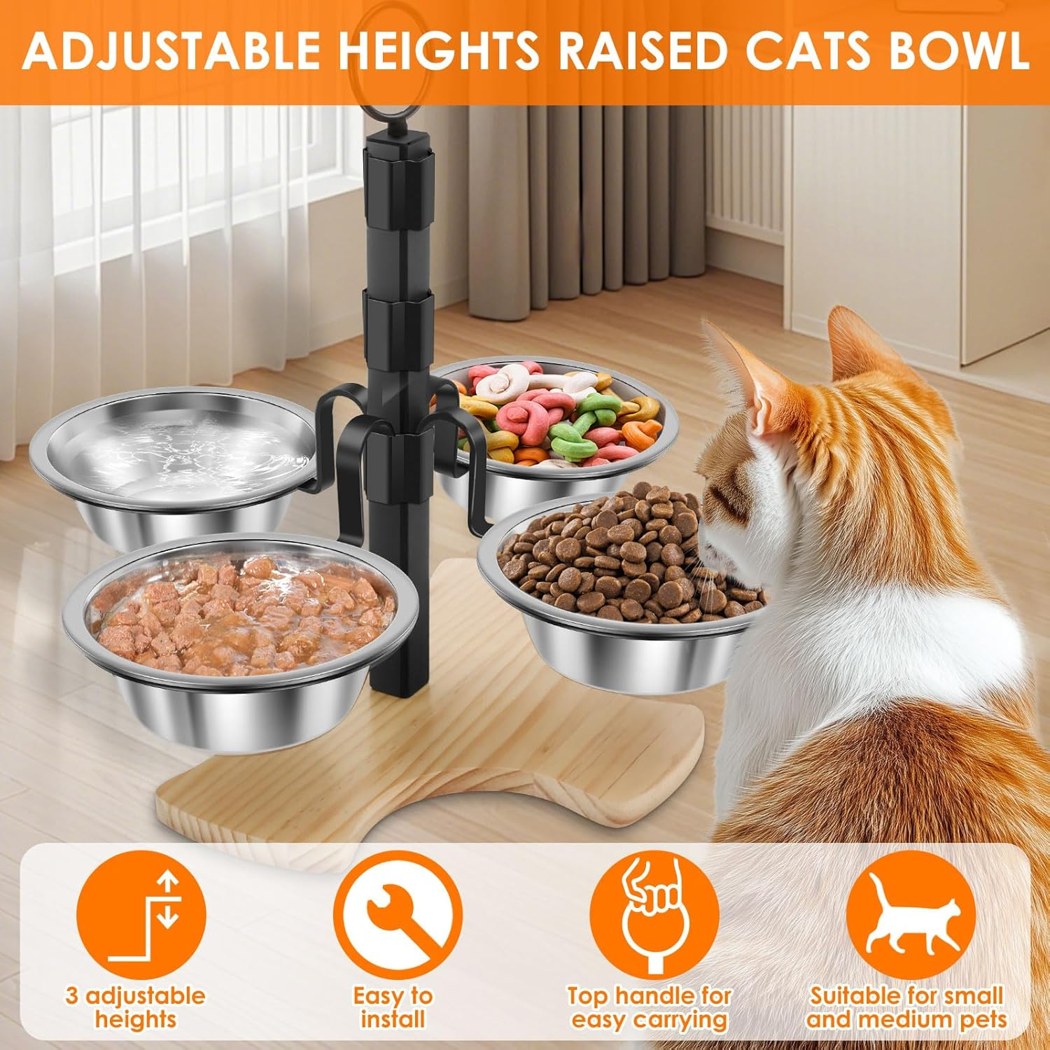 Elevated Cat Bowls with Stand, 3 Height Adjustable Cat Food Bowl, Detachable Pet Feeding Station​ Rack, Portable Pet Bowl Bracket for Small Medium Dog image number 5