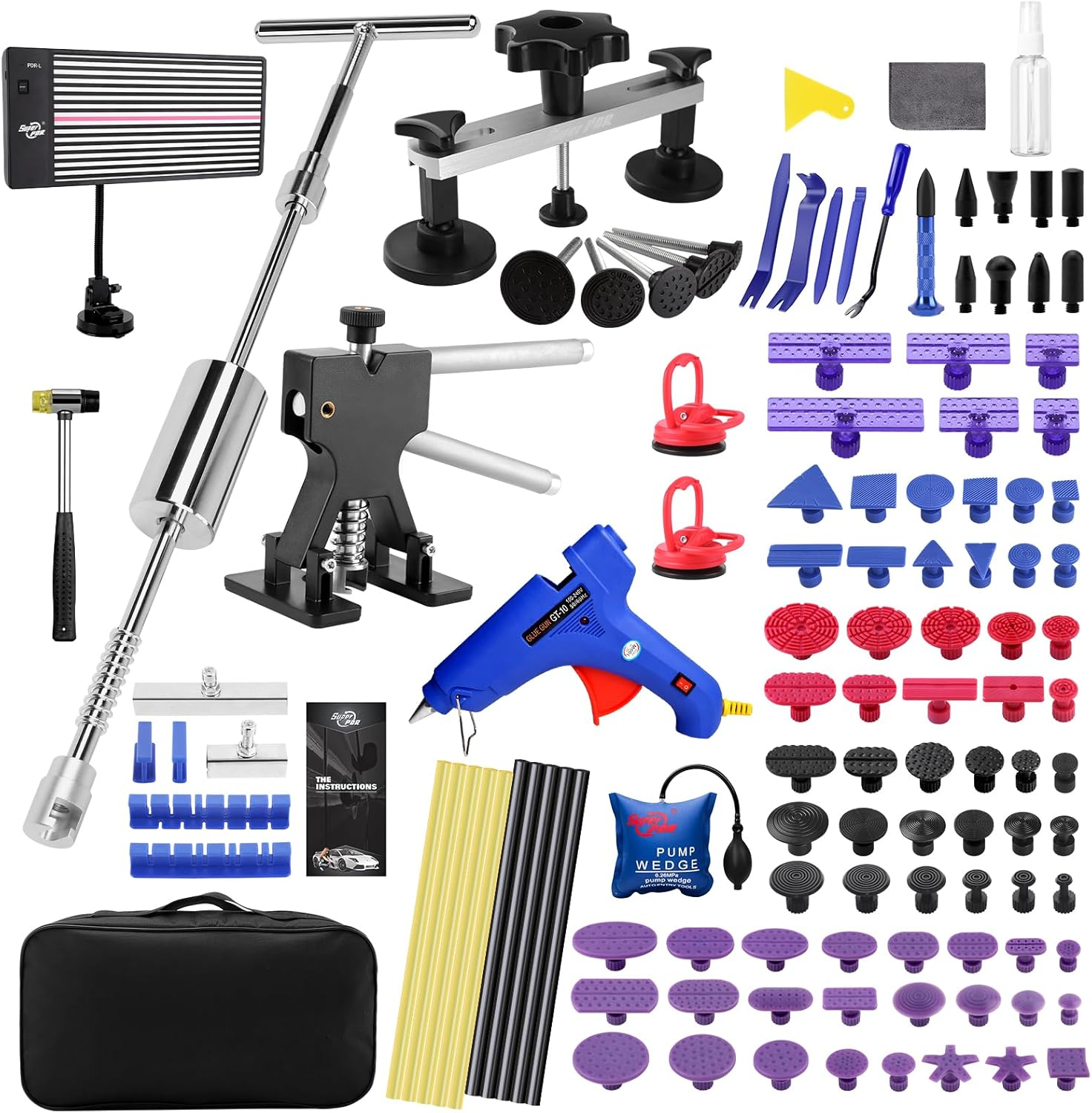 Auto Paintless Dent Removal Kit with LED Line Dent Board,Auto Body Dent Puller Car Dent Removal Tools with Golden Lifter,Glue Gun,Bridge Puller, T-Bar Puller,Rubber Hammer,Suction Cup,Tool Bag Ect image number 2