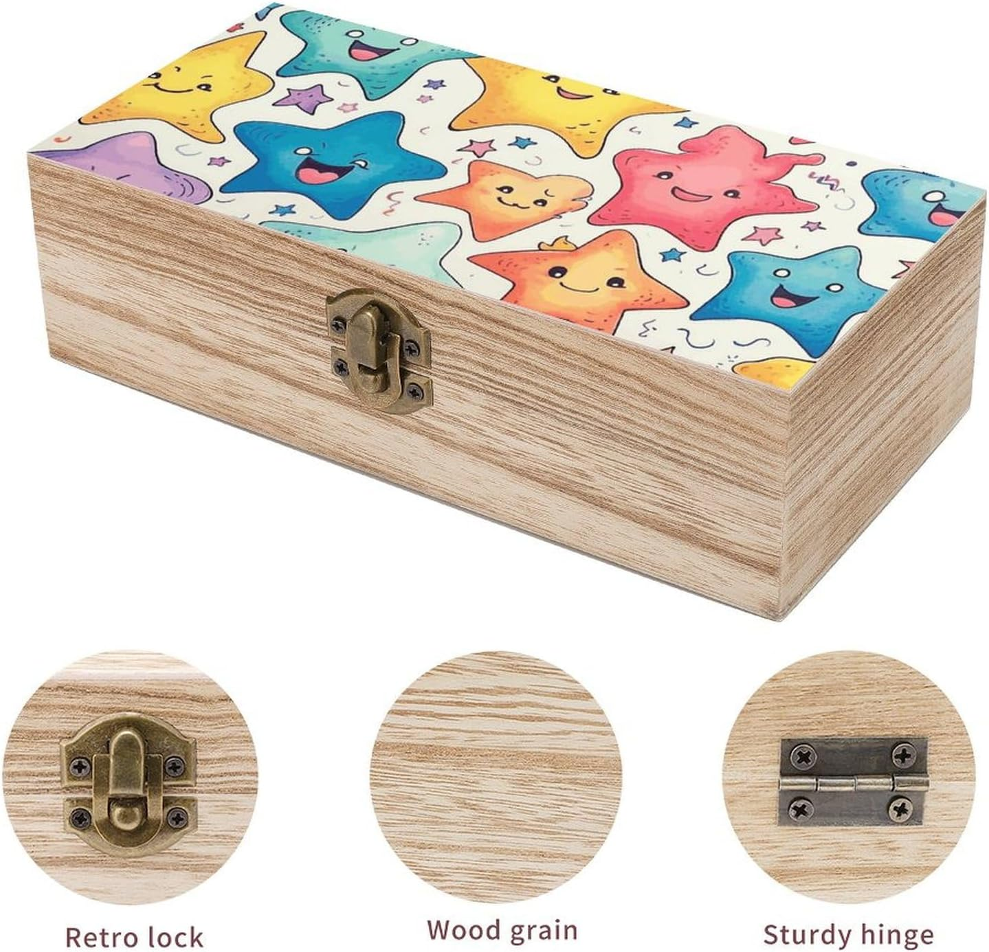 Colorful Stars Wooden Box Wood Wedding Keepsake Boxes with Lids Small Decorative Boxes Lightweight Wooden Memory Storage Box for Crafts Keepsakes Jewelry Photo Letter Storage image number 4