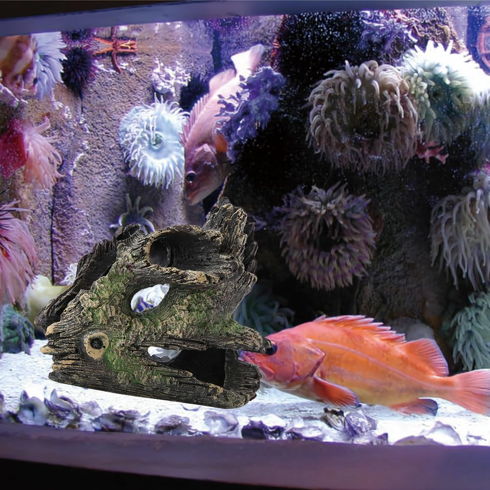 Aquarium Hollow Tree Trunk Ornament, Fish Decor with Moss Artificial Driftwood Polyresin Hideout Decoration Ornament for Fish Tank and Landscape Resin Log Hideaway(St 004C) image number 2
