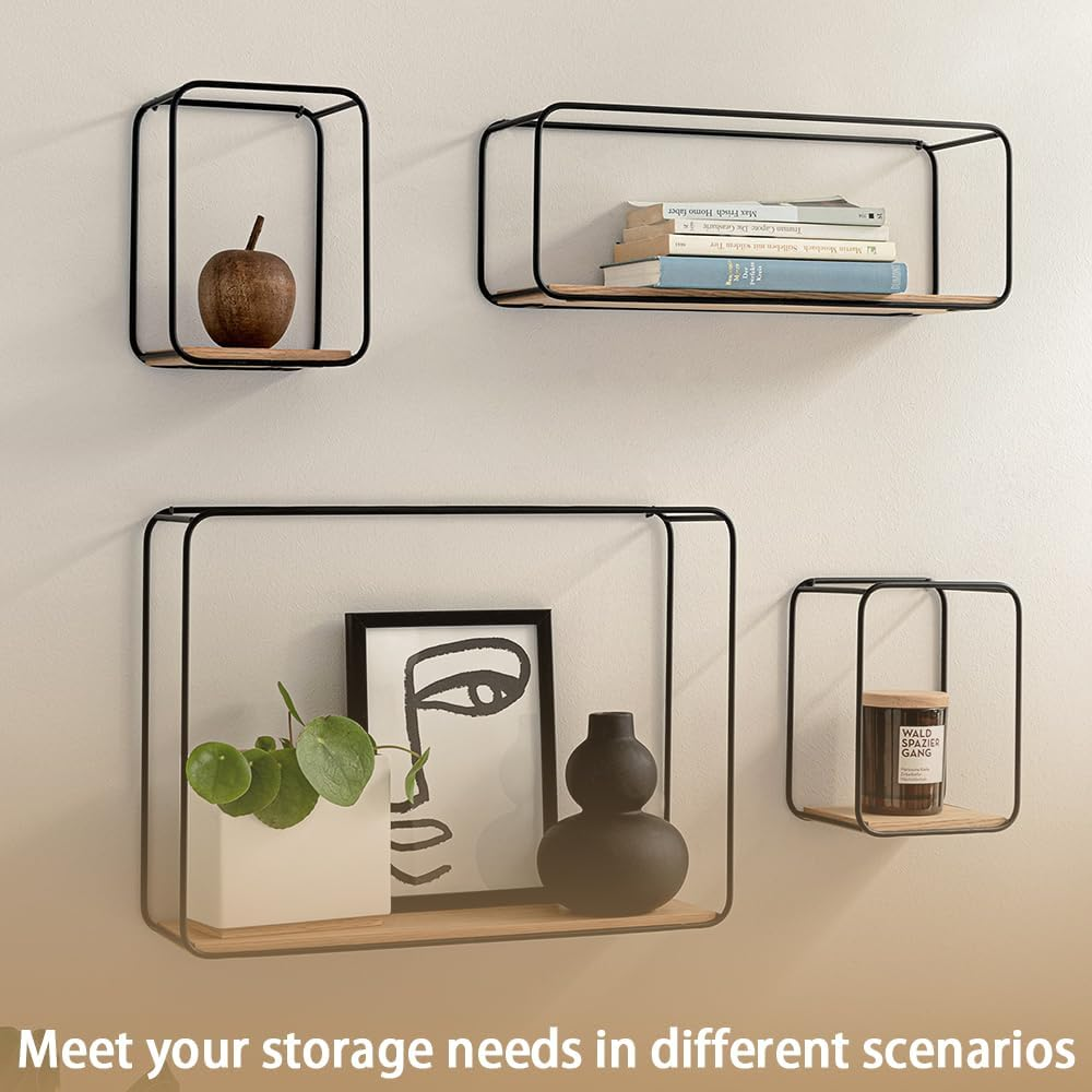 Wall Shelves, 4-Part Shelving Unit Made of Metal and Real Wood Veneer, Wall Decor, Storage and Book Shelf for Bathroom, Living Room, Kitchen, Bedroom and More, Black image number 6