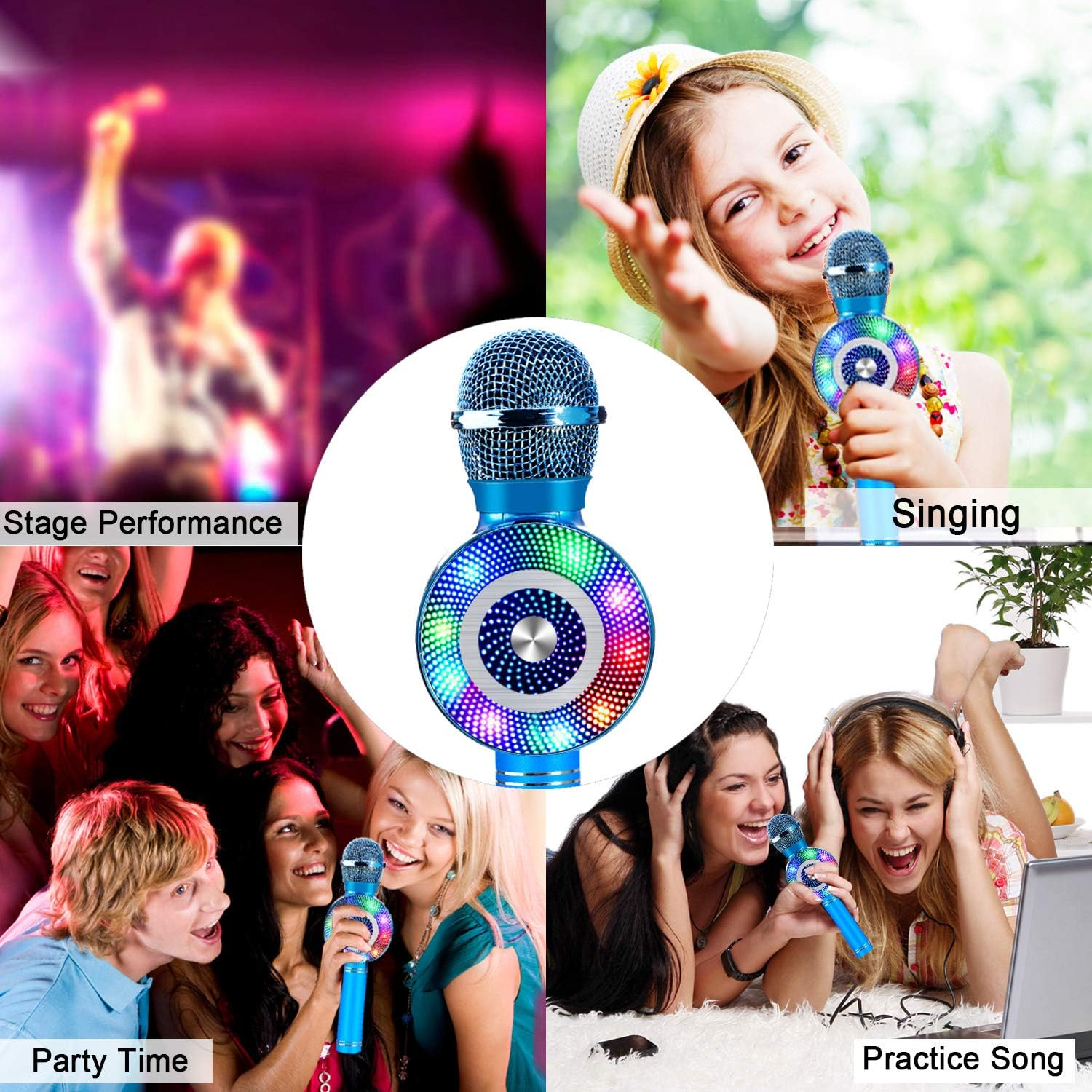 Wireless Bluetooth Karaoke Microphone with LED Lights, 4 in 1 Portable Karaoke Machine Speaker for Android/Iphone/Pc