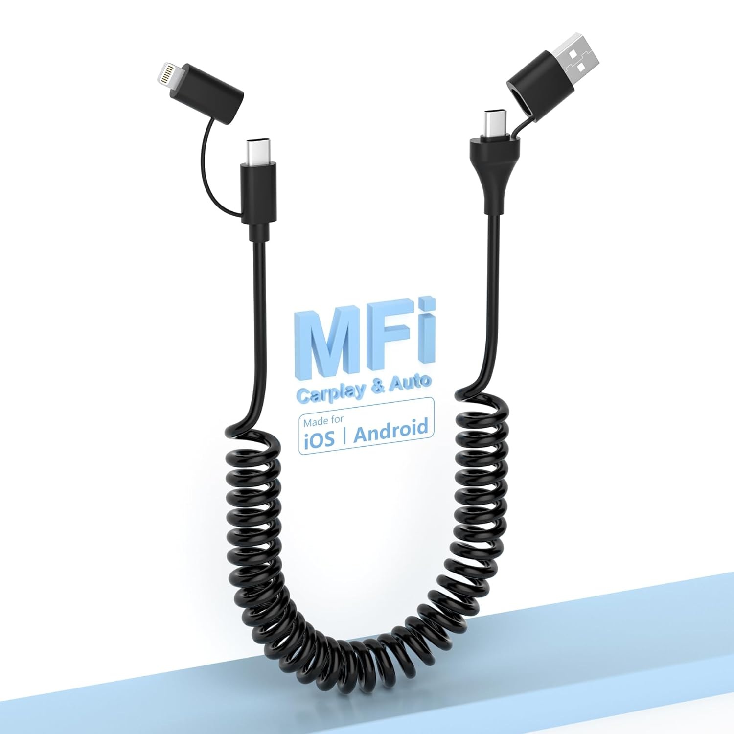 4 in 1 USB C and Lightning Cable [Mfi Certified]60W Fast Charging & Data Sync Apple Carplay & Android Auto,Coiled Multi Charging Cable Combo Lightning/Type C/USB a Ports for Iphone/Android/Ipad/Laptop image number 6