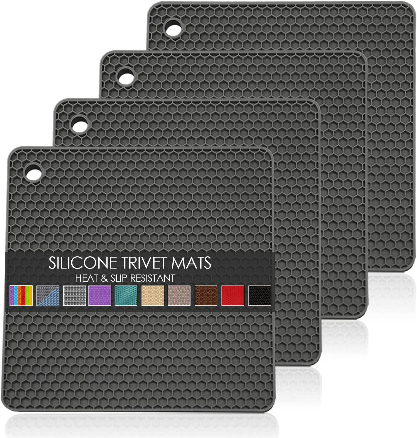 Silicone Pot Holders Set of 4- Silicone Trivets Mats for Hot Pan and Pot Pads. Heat Resistant Counter Mats for Tables, Countertops, Spoon Rest and Large Coasters, 4 Pack Dark Gray Squared Mats image number 3