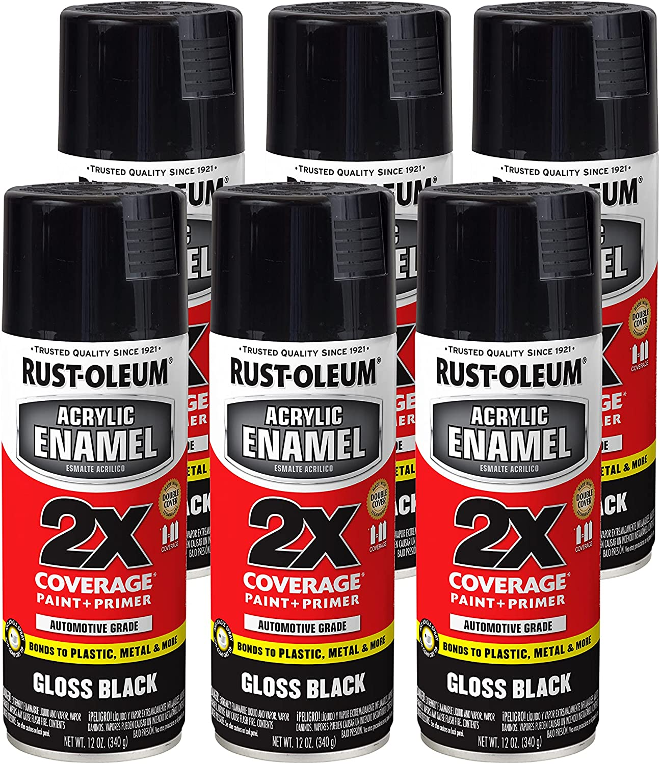 Rust-Oleum 2X Acrylic Enamel Top Coat Spray Paint, Gloss Black, 340 G (Pack of 6) image number 1