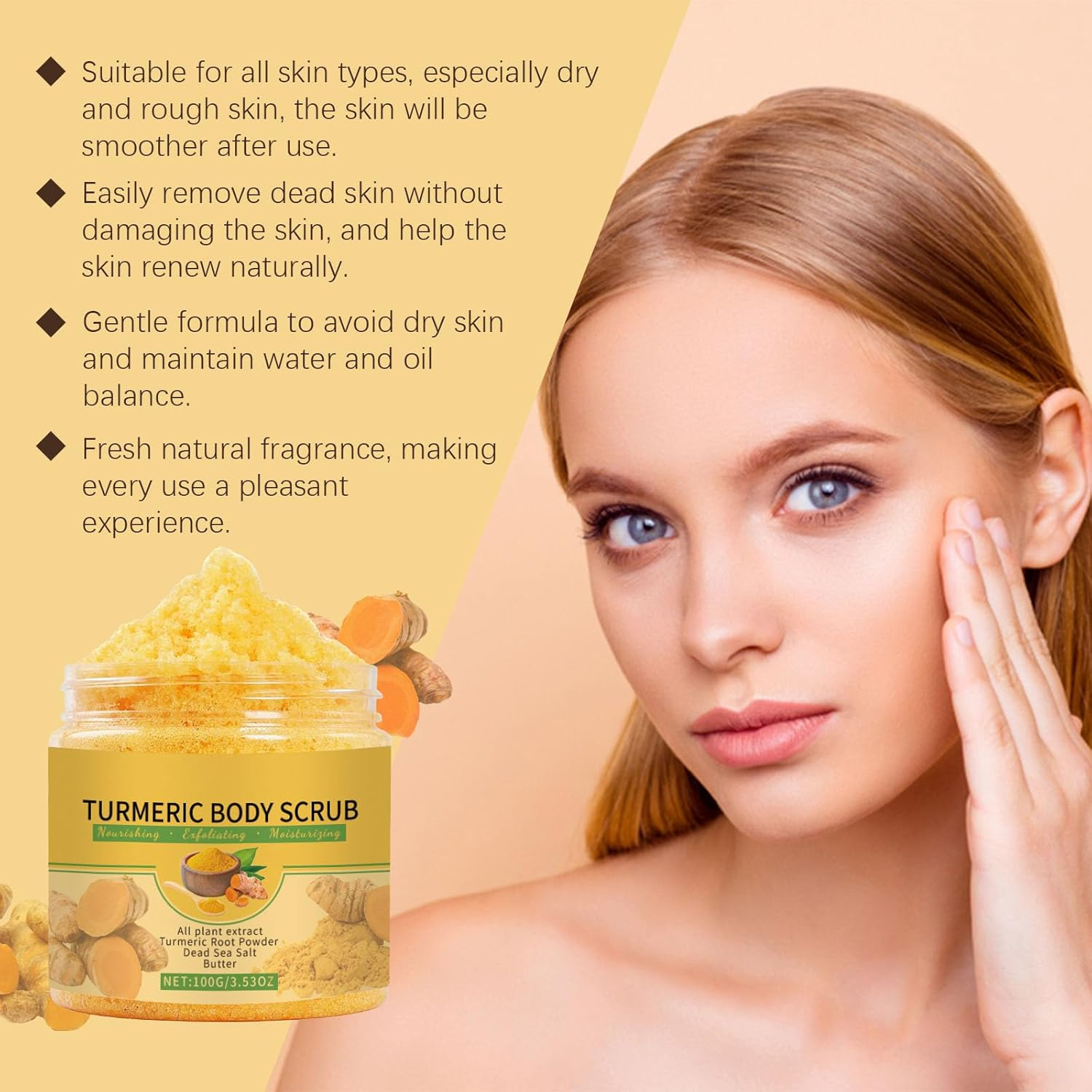 Turmeric Body Scrub Exfoliator &ndash; Brightening, Deep Cleansing, Moisturizing Natural Exfoliant for Dull, Dry Skin, Bikini Area, Gentle Exfoliation Polish image number 5