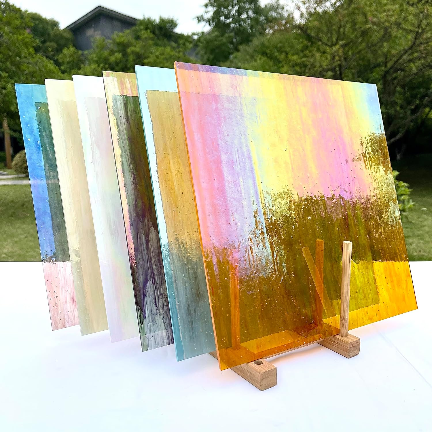 Unicoshape Stained Glass Sheets 12&rdquo; X 12&rdquo;, Mosaic Glass 6-Pack (5.8Sf), Colorful Cathedral Art and Crafts Sheets for DIY Hobbyists and Projects, Assorted Colors, Easy to Cut (Iridescent Transparent)