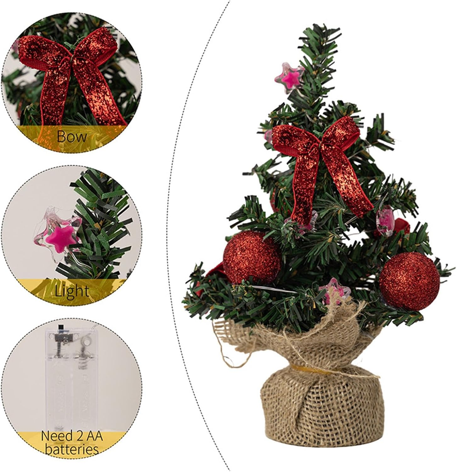 Desktop Christmas Tree with Lights,3X Green Tabletop Christmas Tree | Green Tabletop Festival Lights with Burlap Base image number 4