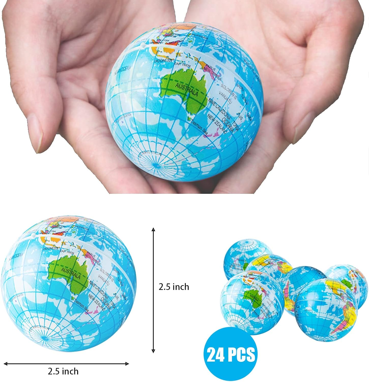 24 PCS Globe Squeeze Balls,2.5 Inch Globe Bouncy Ball Earth Squishy Ball,Mini Foam Globe Squeeze Stress Balls image number 2