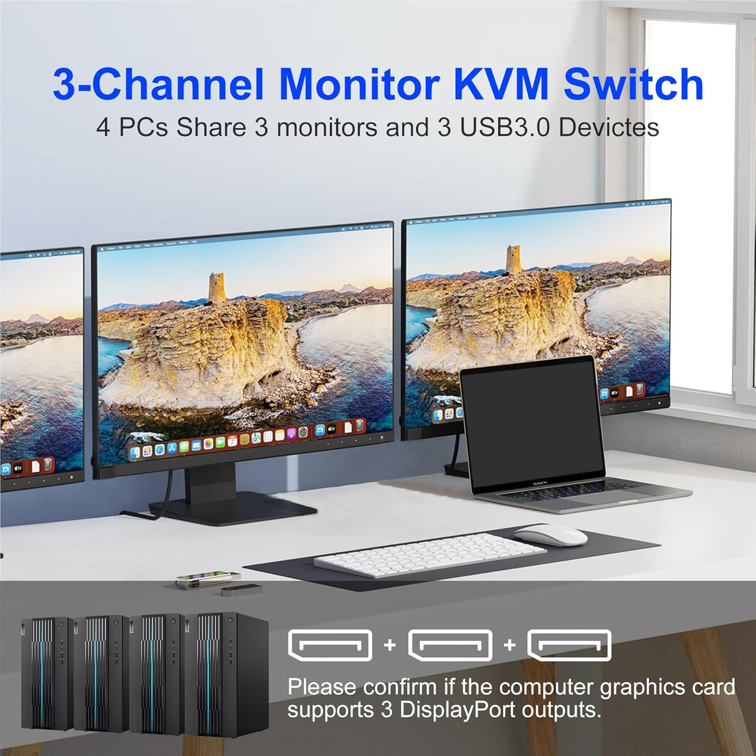8K@60Hz Displayport KVM Switch 3 Monitors 4 Computers 4K@144Hz, DP 1.4 KVM Switch Triple Monitor for 4 Computer with Audio and 3 USB 3.0 Ports, KVM Triple Monitor Keyboard Mouse Switcher image number 4