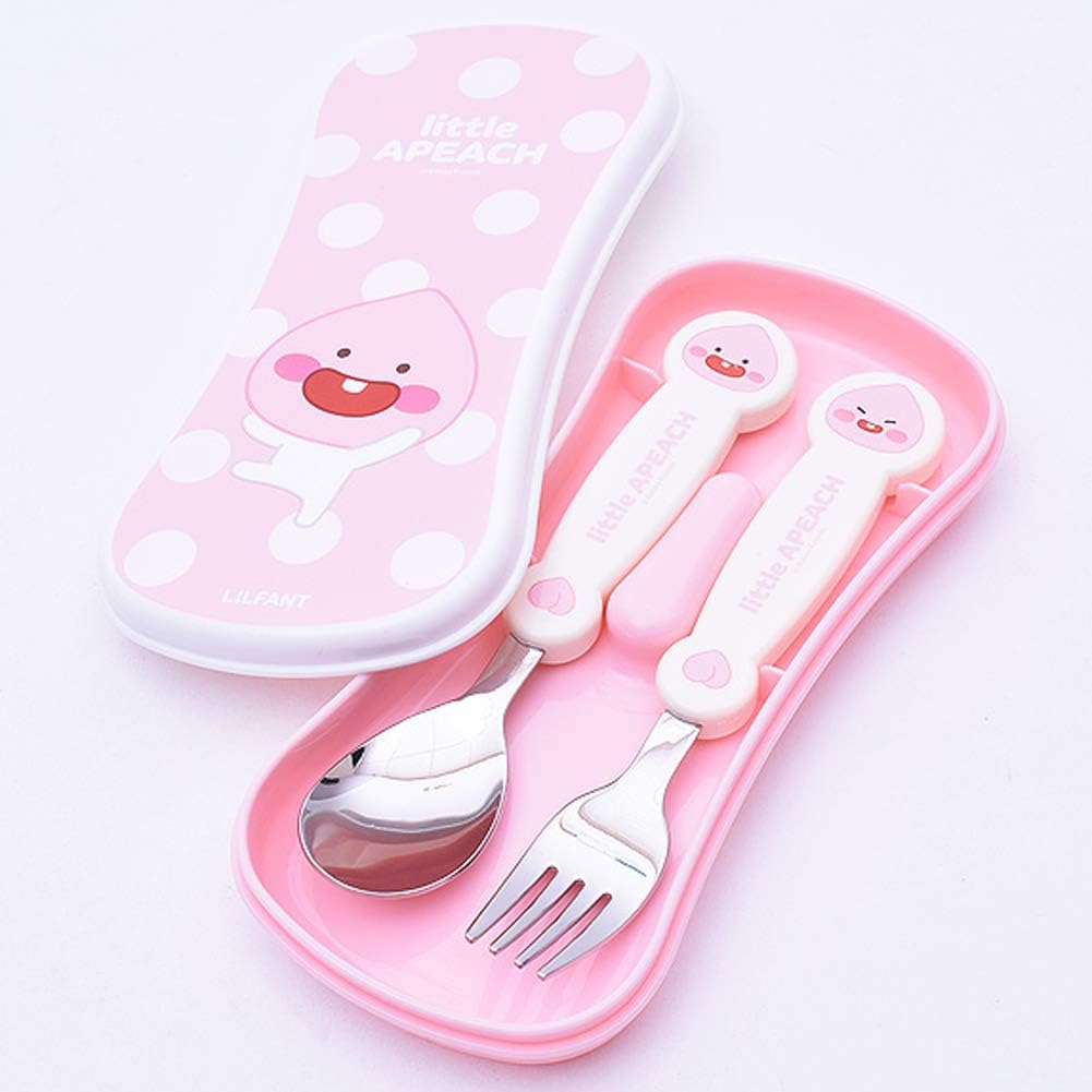 Kakao Friends - Easy Washing Clean 304 Stainless Steel Spoon & Fork (1.1 Inch X 5.6 Inch) with Wide Case Tableware Set for Kids, Pink (Little Apeach) image number 5