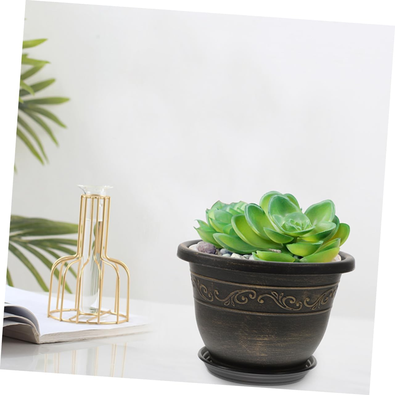 CAXUSD 4Sets Resin Flower Pot round Bonsai Planters Tray Gardening Container for Indoor Outdoor Use Decorative Household Garden Supply image number 4