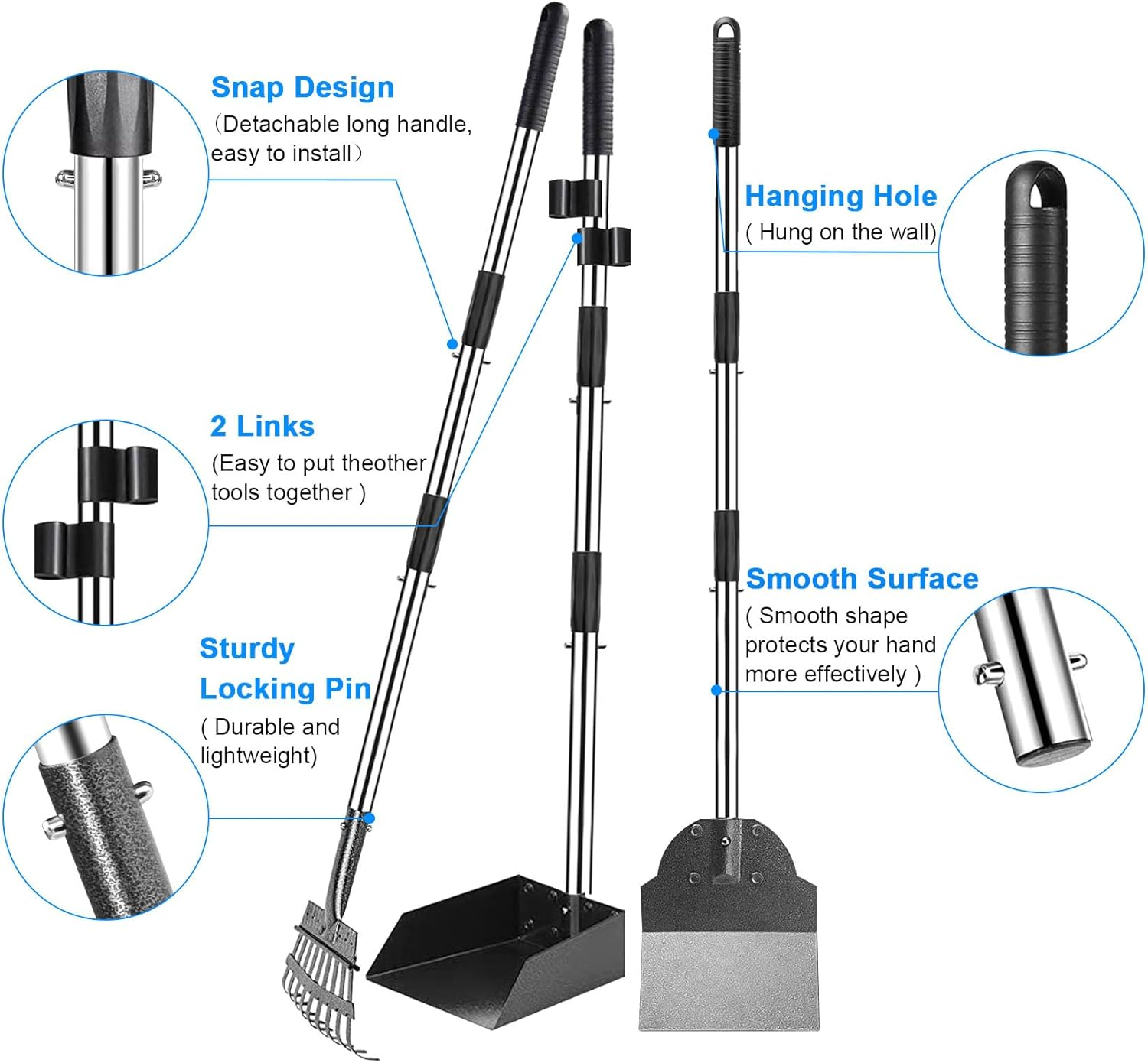 Kakeyrun 3-In-1 Dog Pooper Scooper Set, Tray Rake, and Spade 3 Pack Poop Scoop Adjustable Long Handle Metal with Tray for Pet Waste Removal, No Bending Clean up for Small Medium Dogs (Black)